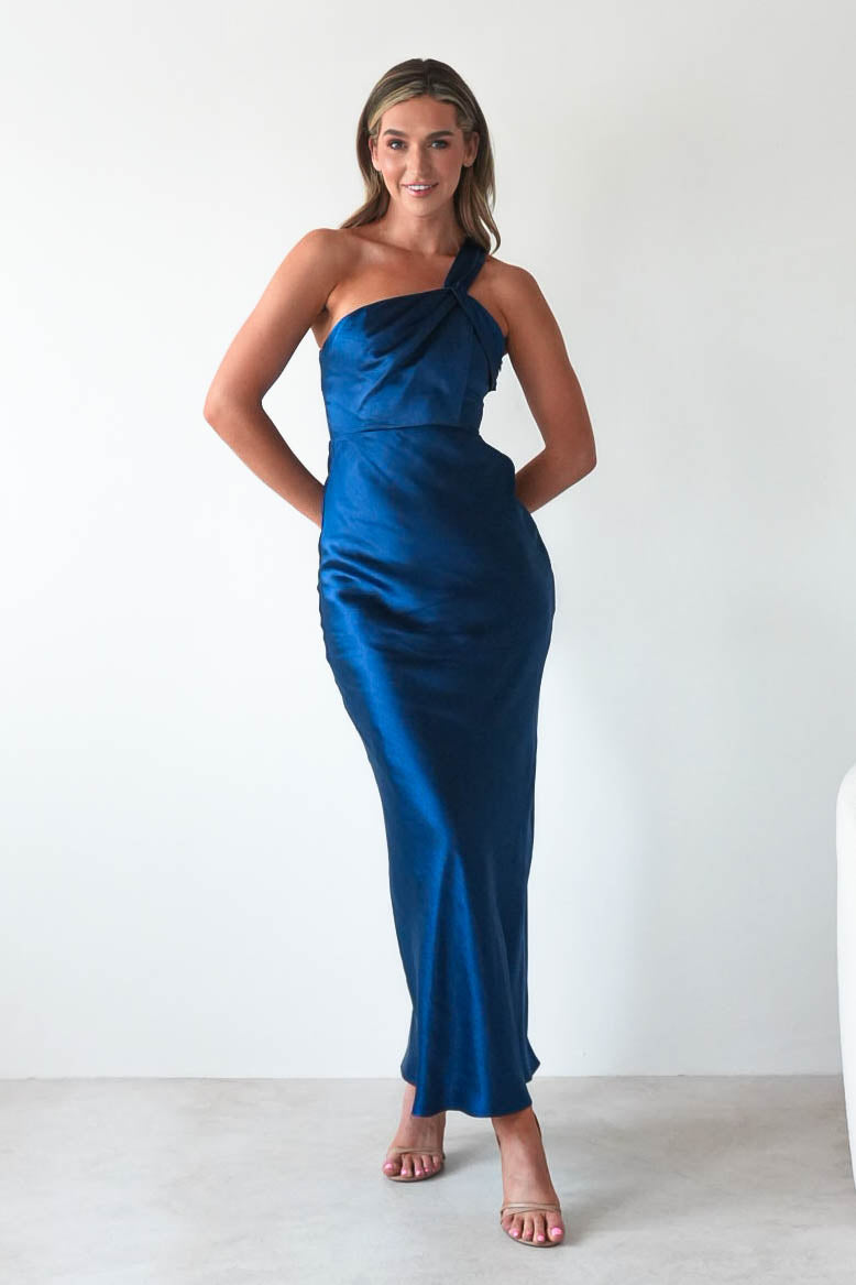 Ashlee Soft Satin One Shoulder Maxi Dress | Navy