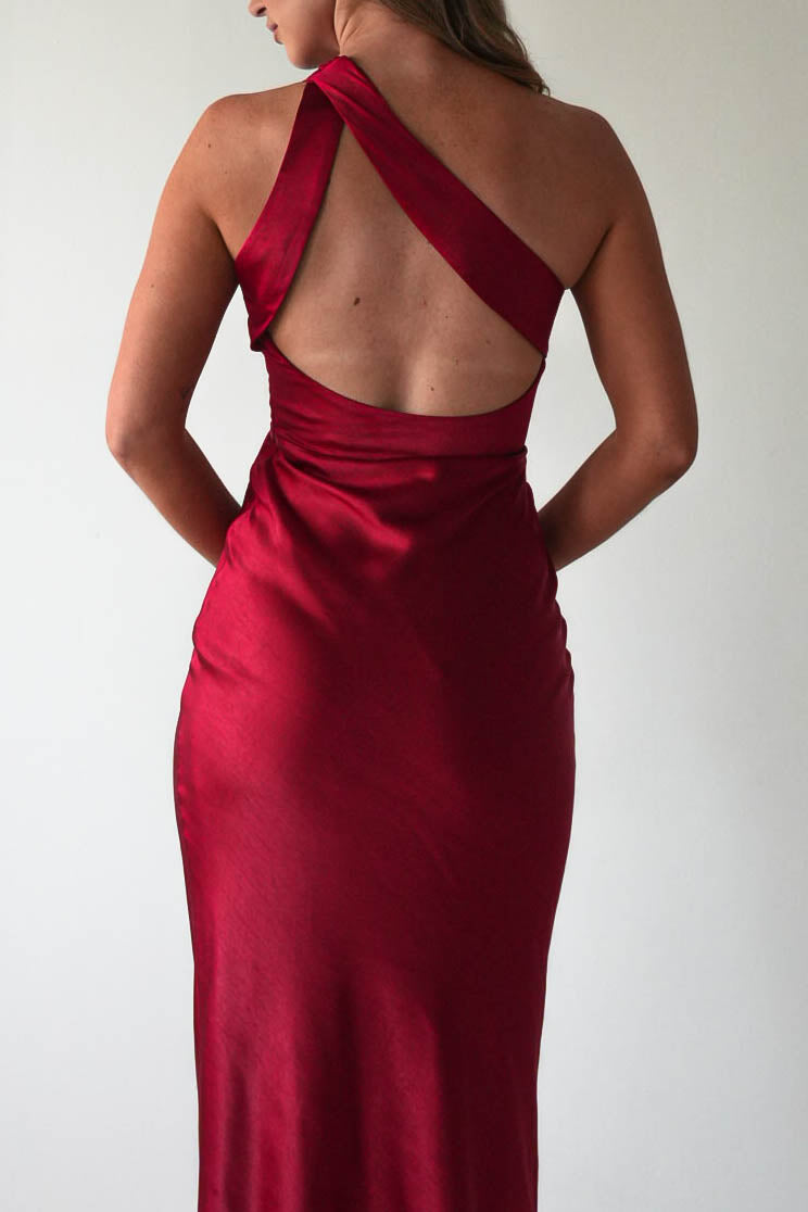 Ashlee Soft Satin One Shoulder Maxi Dress | Red