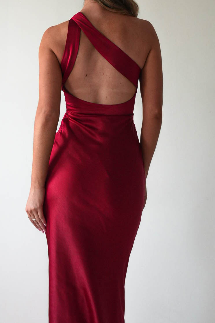 Ashlee Soft Satin One Shoulder Maxi Dress | Red