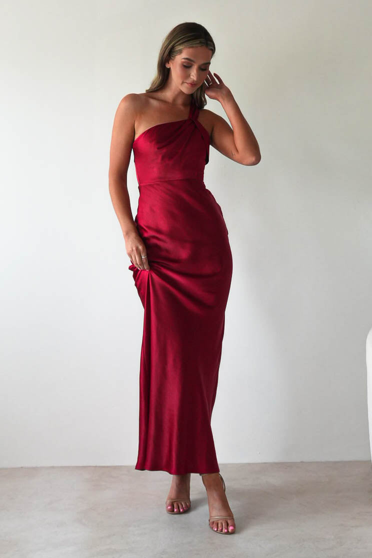 Ashlee Soft Satin One Shoulder Maxi Dress | Red