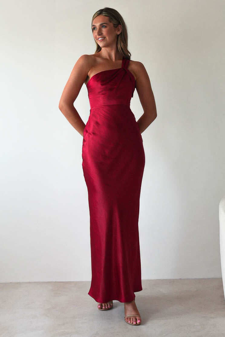 Ashlee Soft Satin One Shoulder Maxi Dress | Red