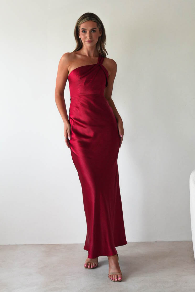 Ashlee Soft Satin One Shoulder Maxi Dress | Red
