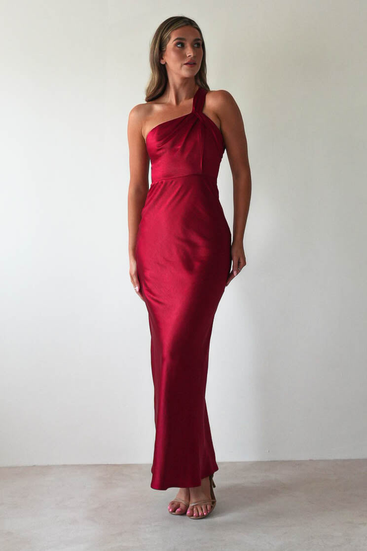 Ashlee Soft Satin One Shoulder Maxi Dress | Red