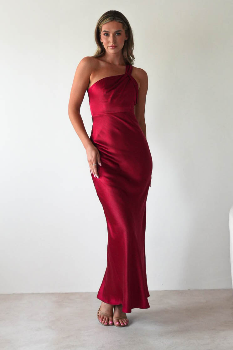 Ashlee Soft Satin One Shoulder Maxi Dress | Red