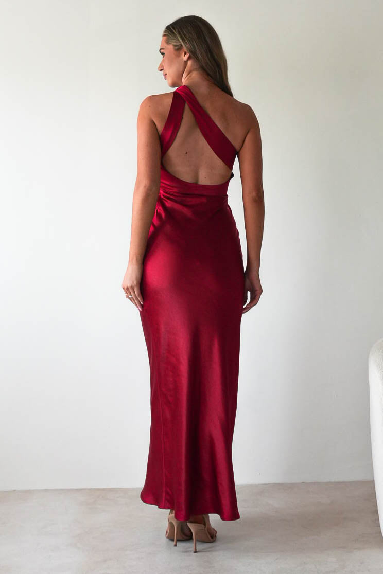 Ashlee Soft Satin One Shoulder Maxi Dress | Red