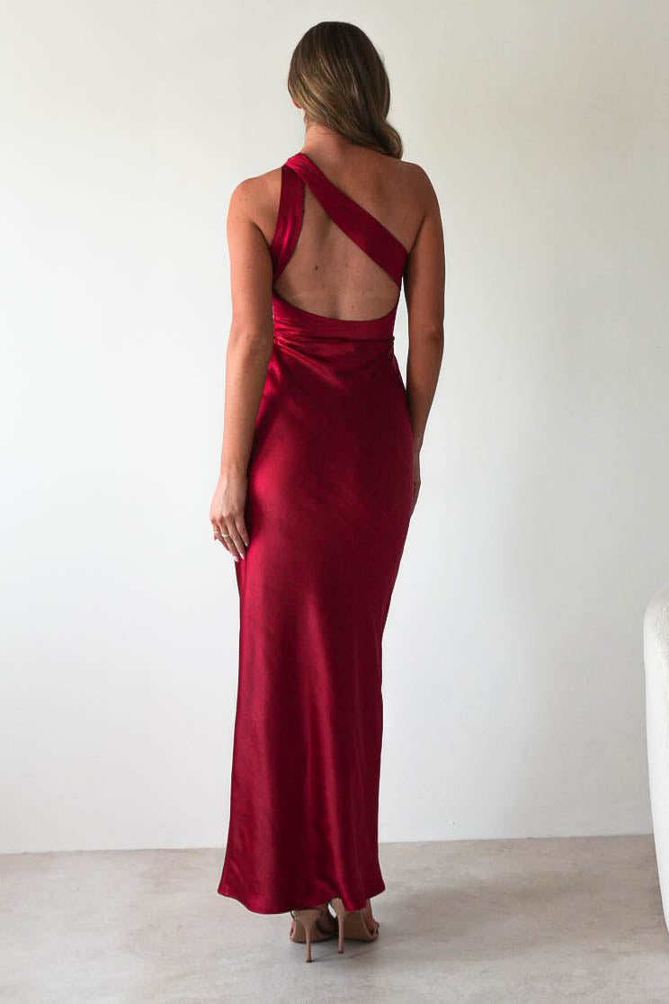 Ashlee Soft Satin One Shoulder Maxi Dress | Red