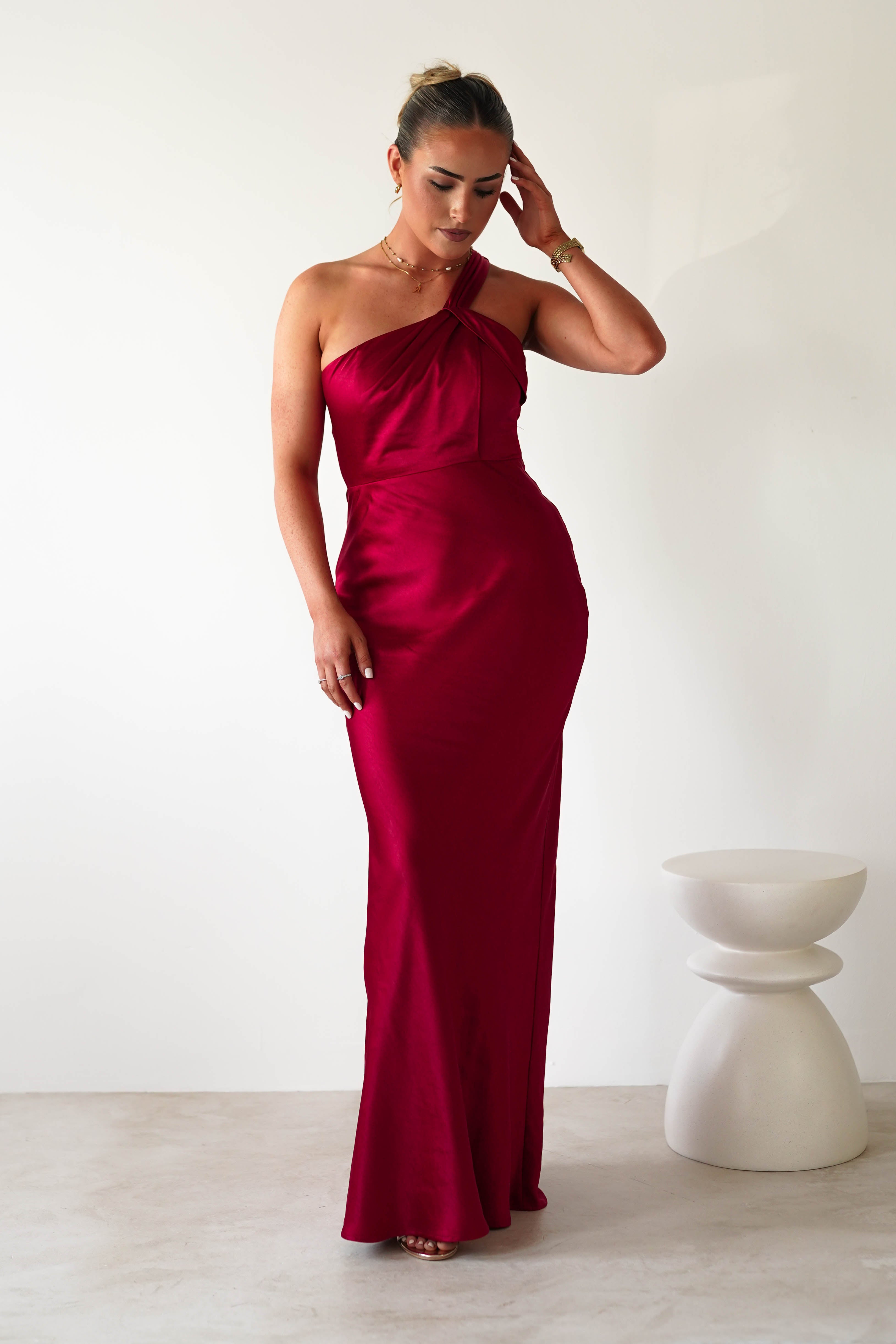 Ashlee Soft Satin One Shoulder Maxi Dress | Red | Oh Hello Clothing | XS (6)