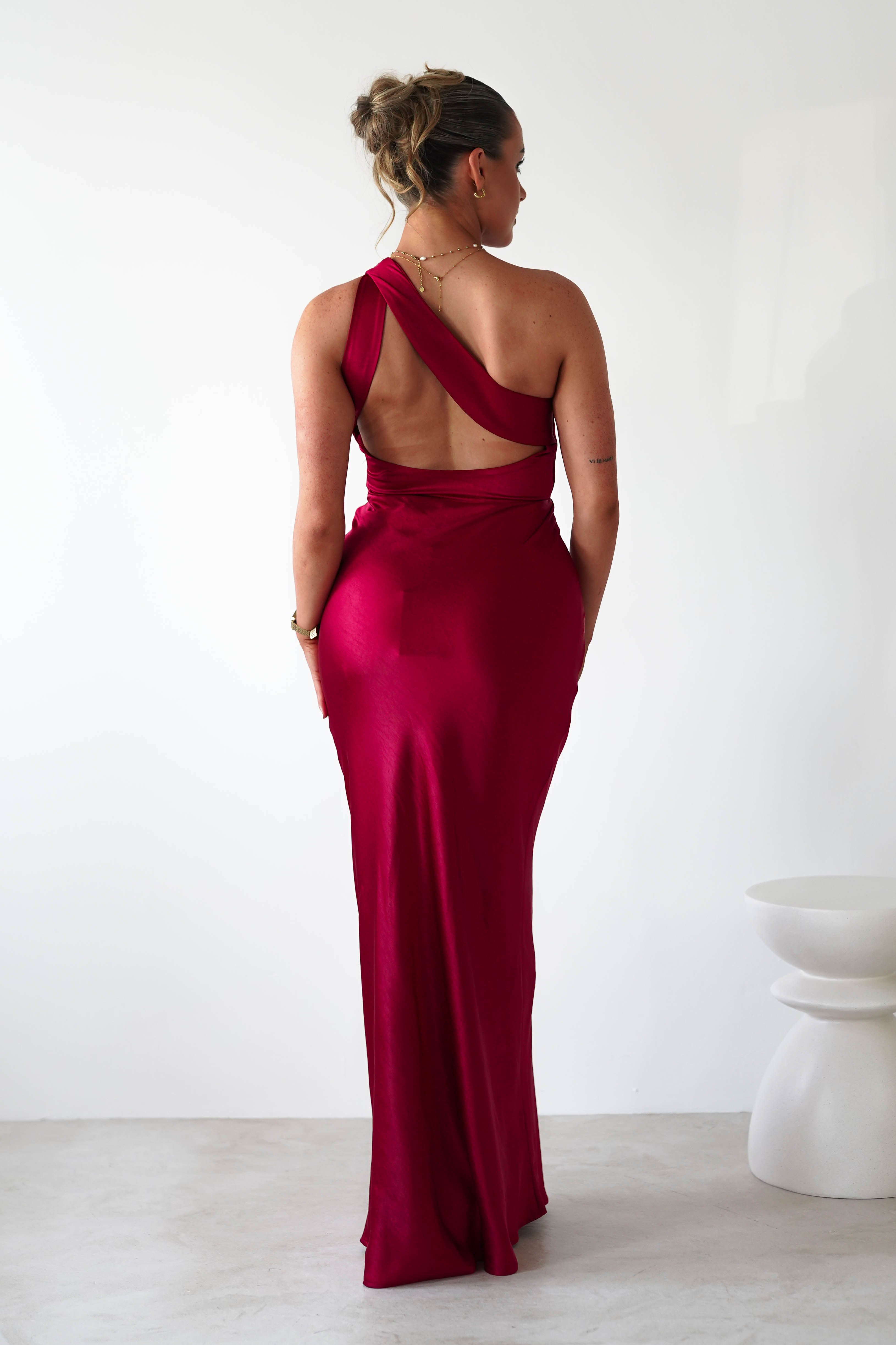 Ashlee Soft Satin One Shoulder Maxi Dress | Red | Oh Hello Clothing | XS (6)
