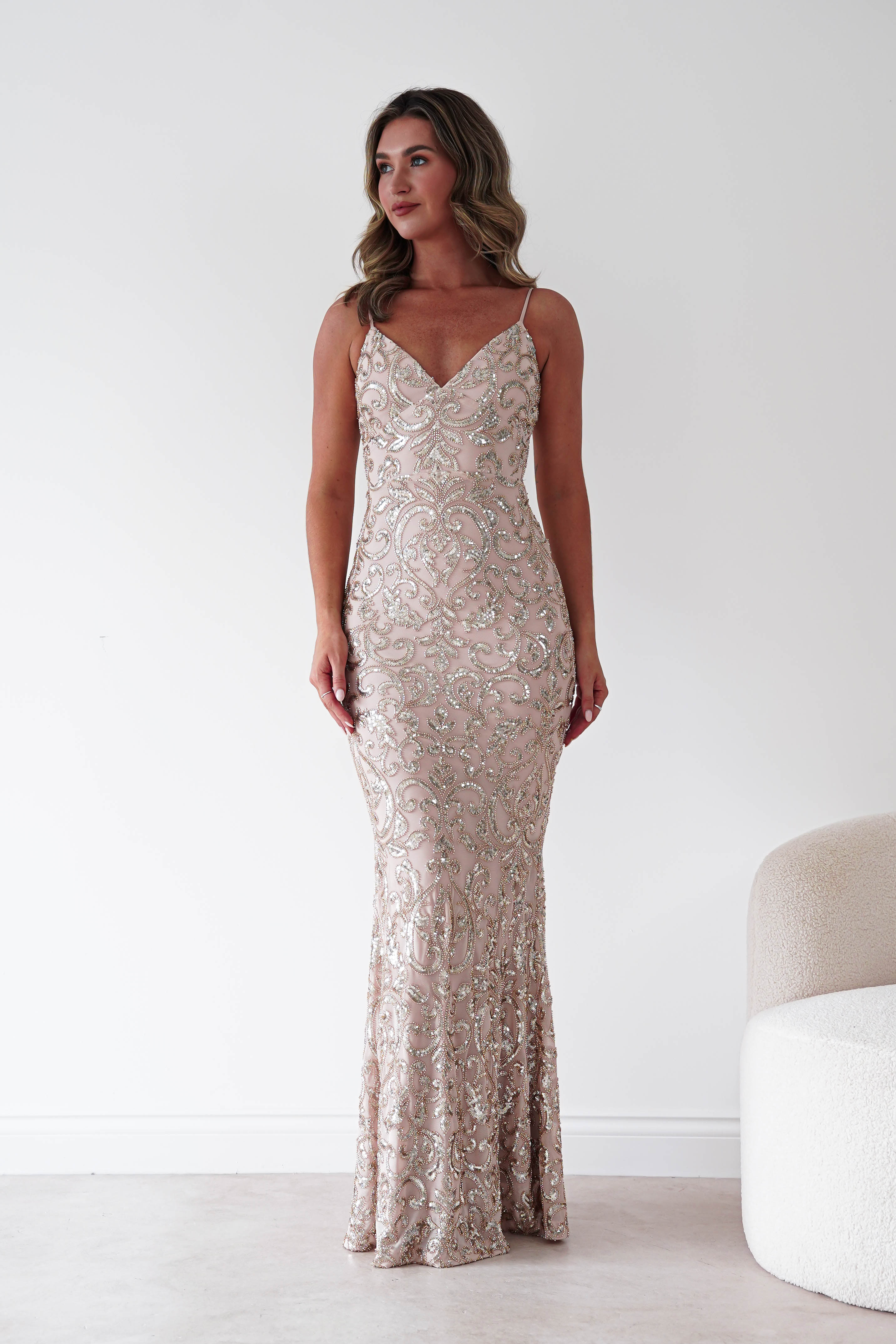Oh Hello Clothing Dresses > Prom Dresses Aster Iridescent Beaded Embellished Gown | Gold