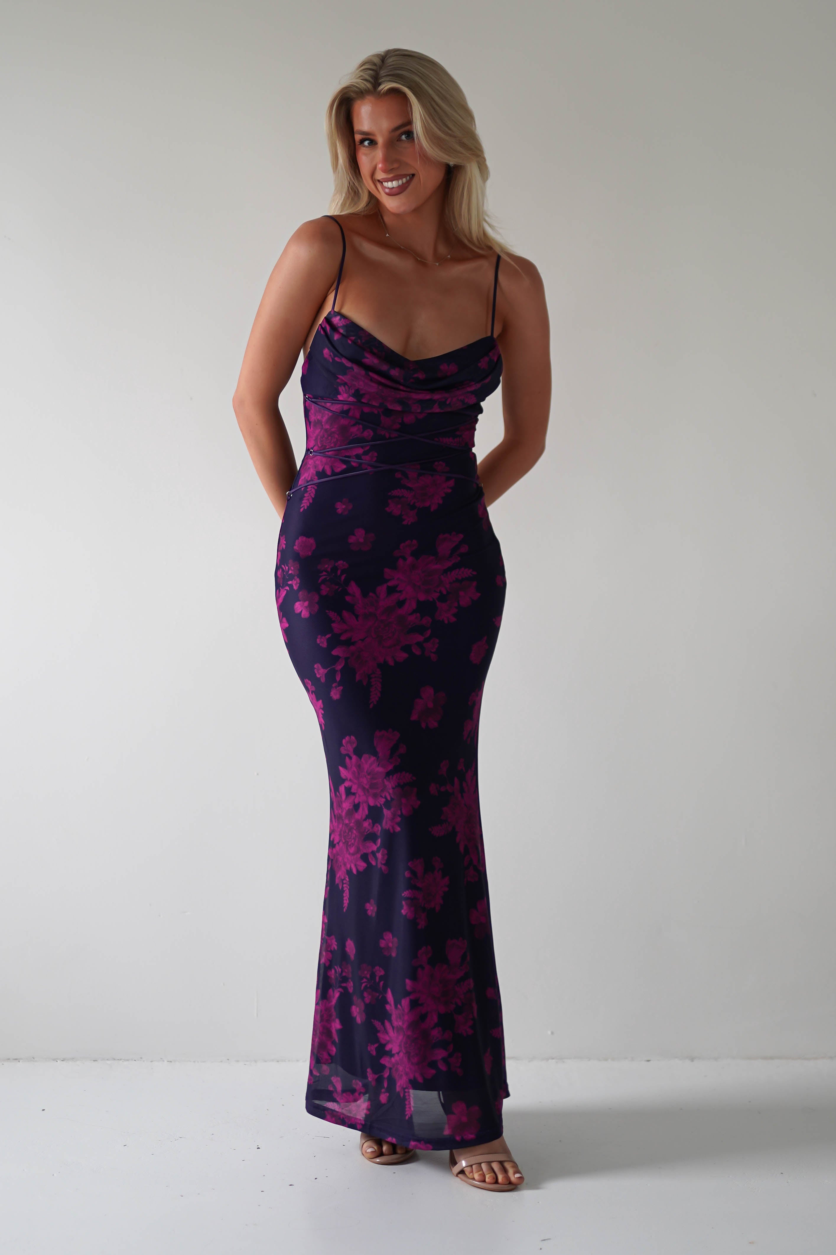 Audrie Bodycon Printed Maxi Dress | Grape | Oh Hello Clothing | XS (6)