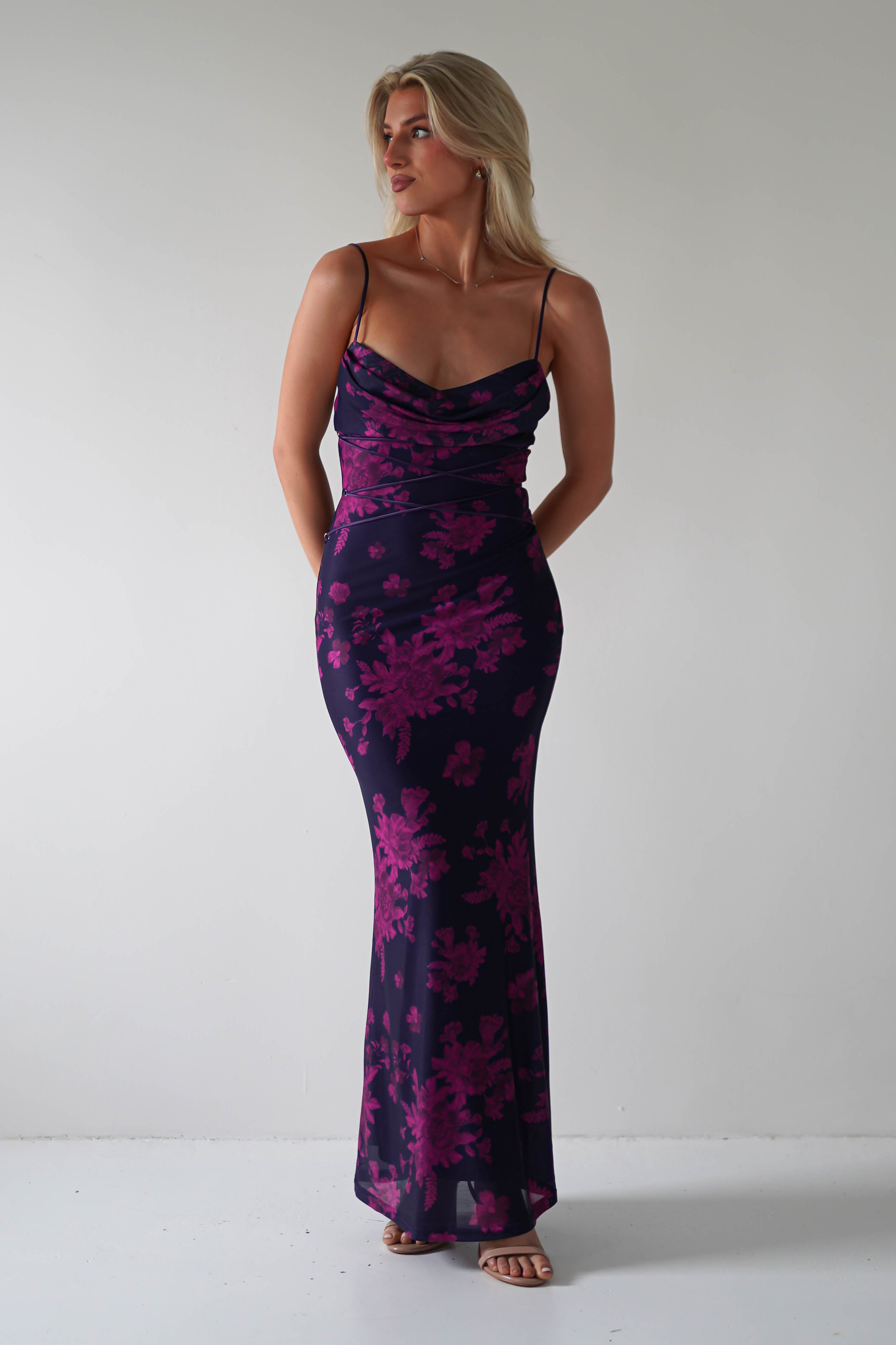 Audrie Bodycon Printed Maxi Dress | Grape | Oh Hello Clothing | XS (6)