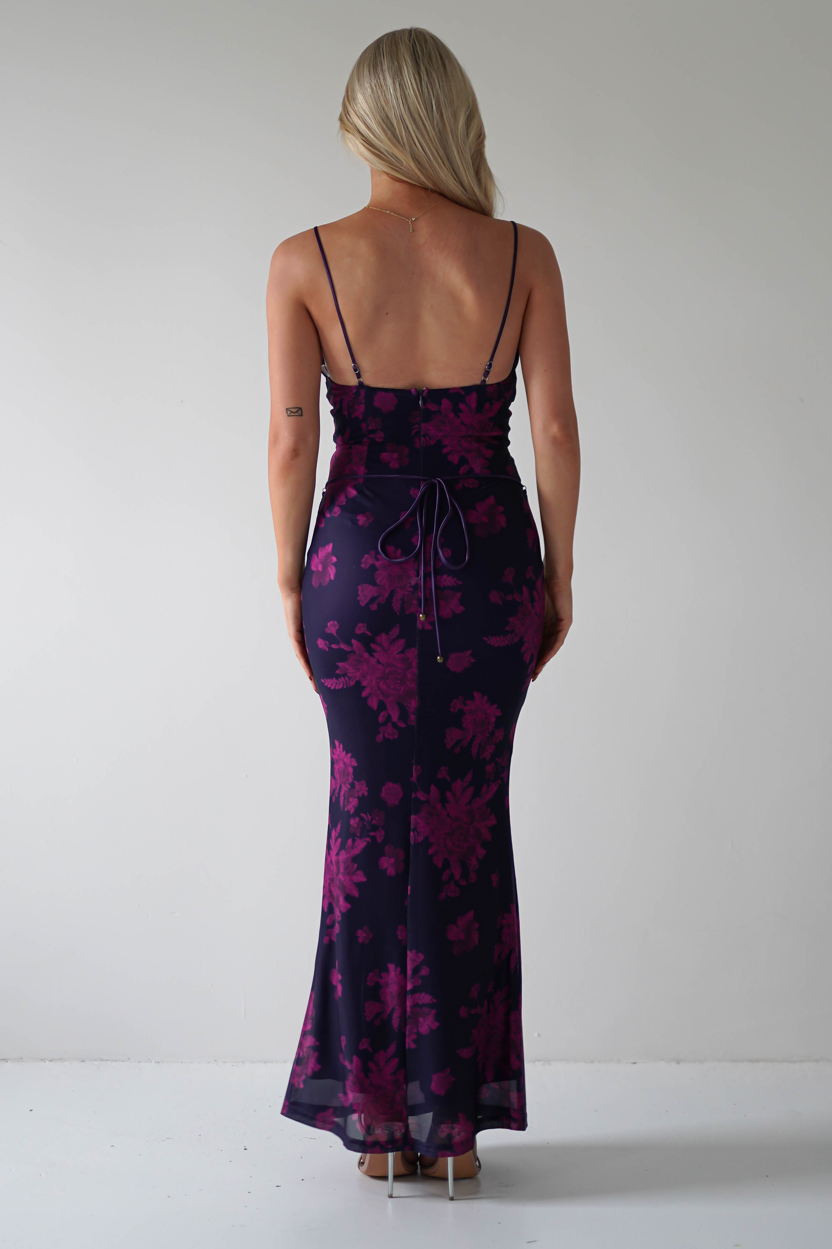 Audrie Bodycon Printed Maxi Dress | Grape | Oh Hello Clothing | XS (6)