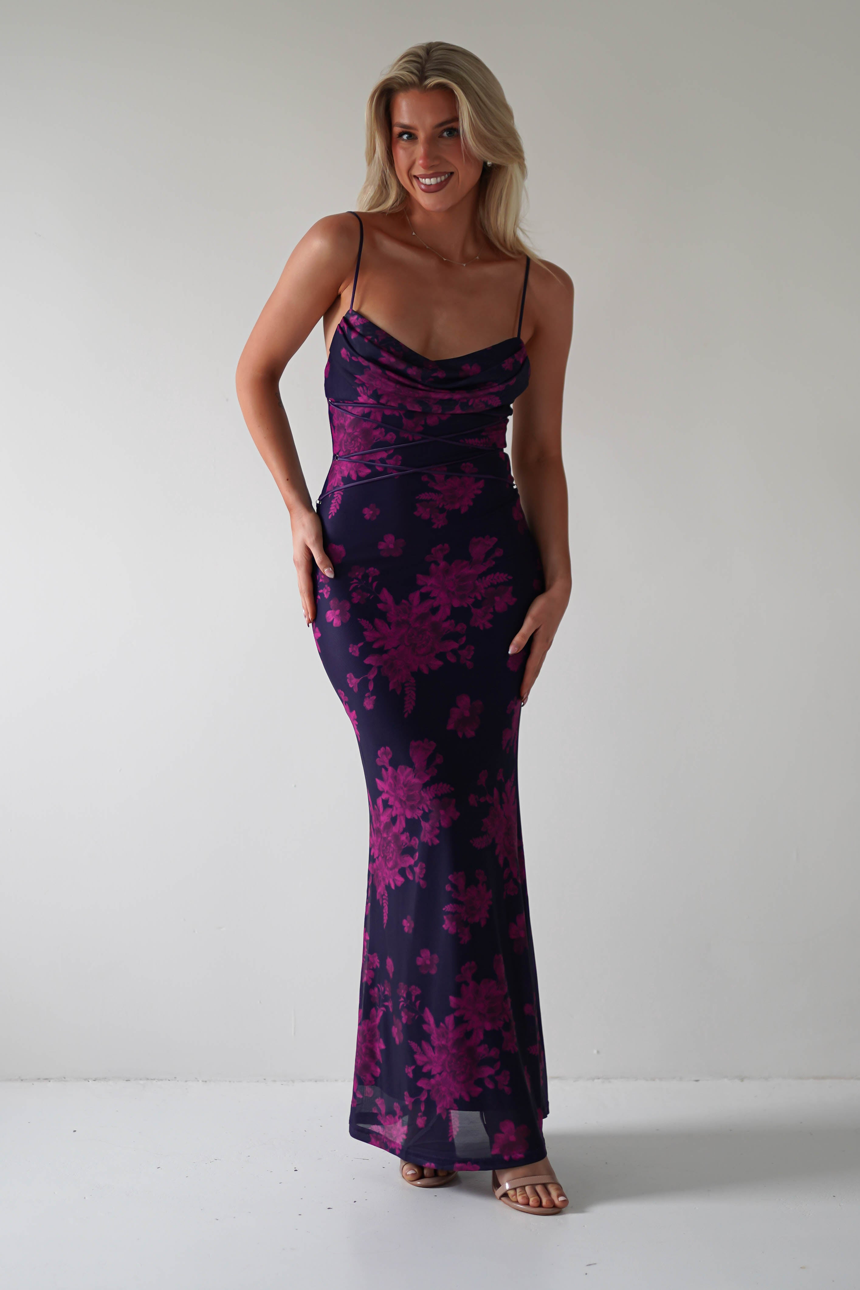 Audrie Bodycon Printed Maxi Dress | Grape | Oh Hello Clothing | XS (6)