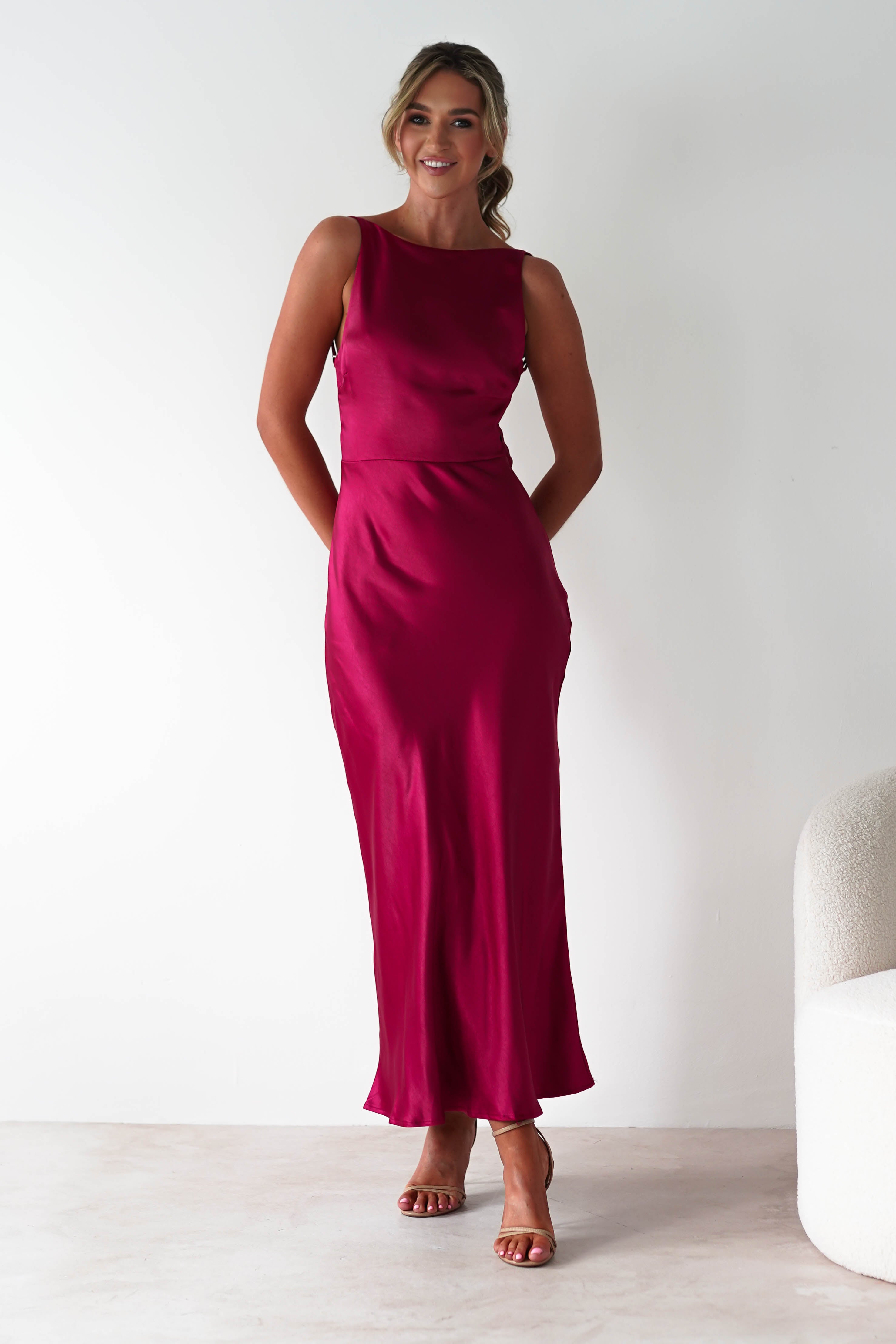 Bayleigh Soft Satin Maxi Dress | Berry Red | Oh Hello Clothing | XS (6)