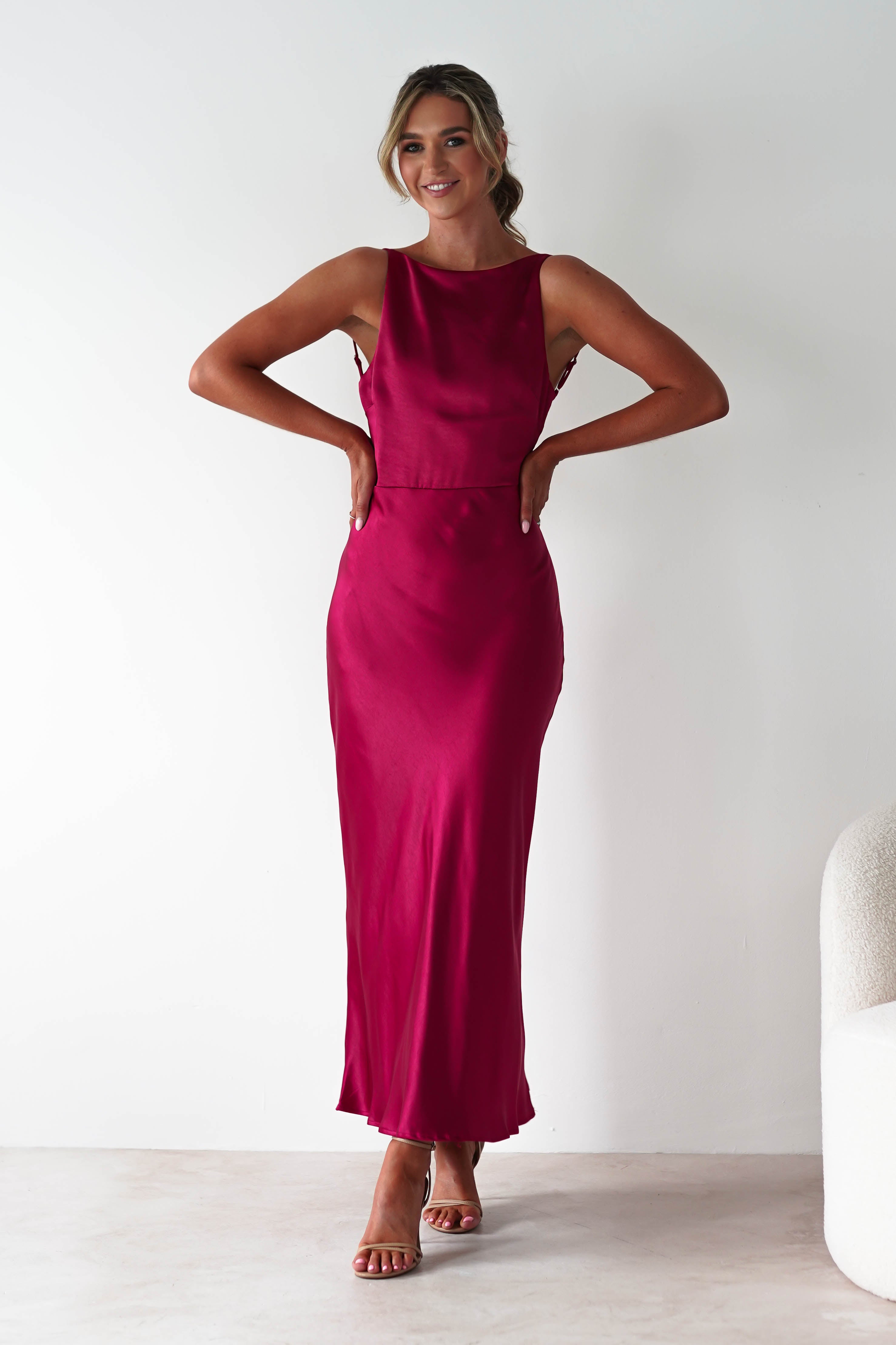 Bayleigh Soft Satin Maxi Dress | Berry Red | Oh Hello Clothing | XS (6)