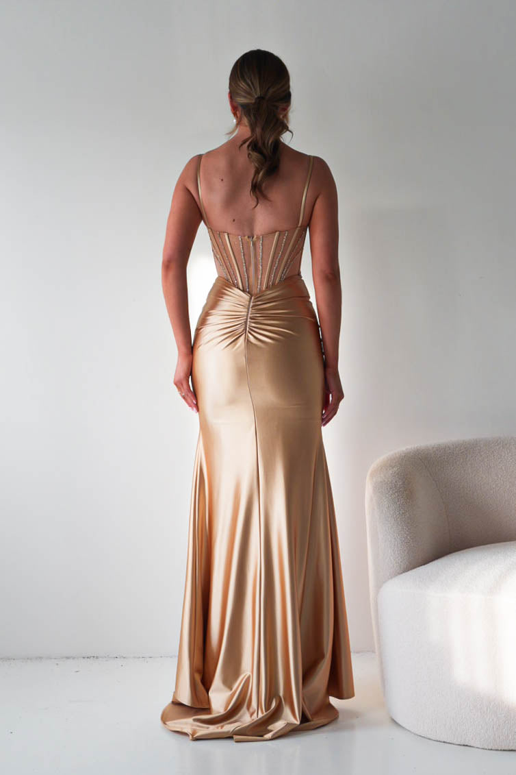 Oh Hello Clothing Dresses > Prom Dresses Becca Embellished Corset Evening Gown | Gold