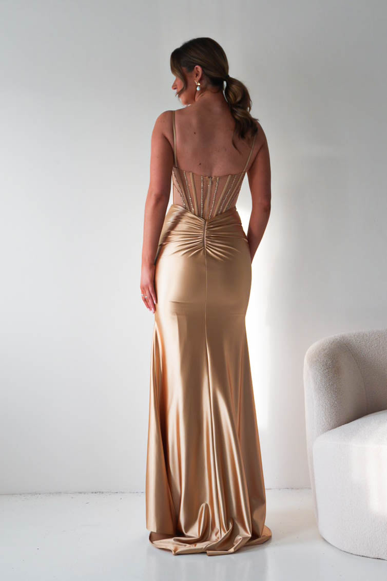 Oh Hello Clothing Dresses > Prom Dresses Becca Embellished Corset Evening Gown | Gold