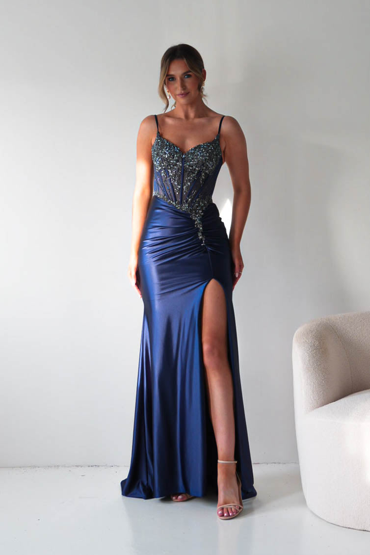 navy blue prom dress corset Becca Embellished Evening Gown one button this dress combines elegance Style:Just top Blue Lagoon – Turquoise