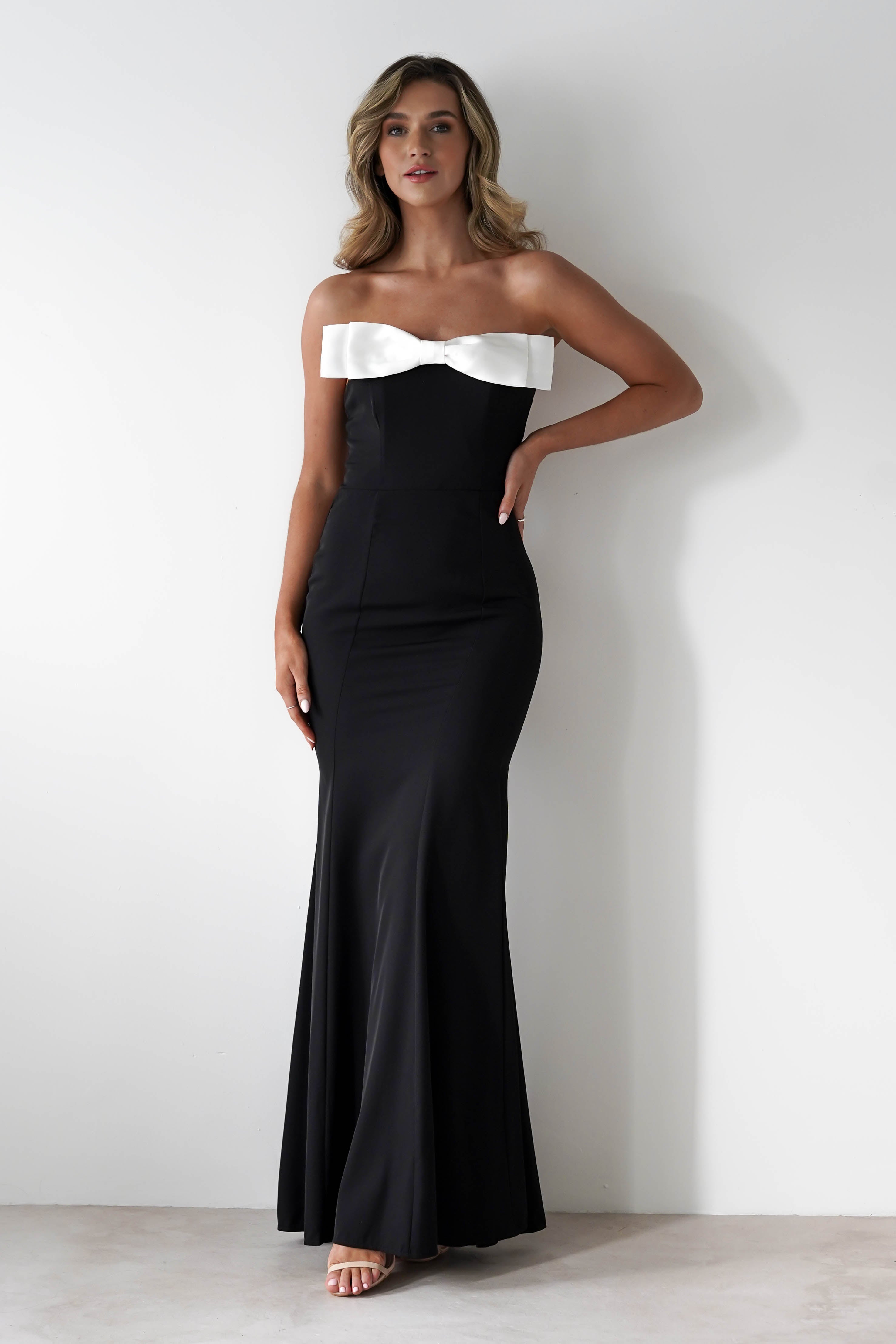 Beckett Strapless Bow Maxi Dress | Black/White - Oh Hello Clothing