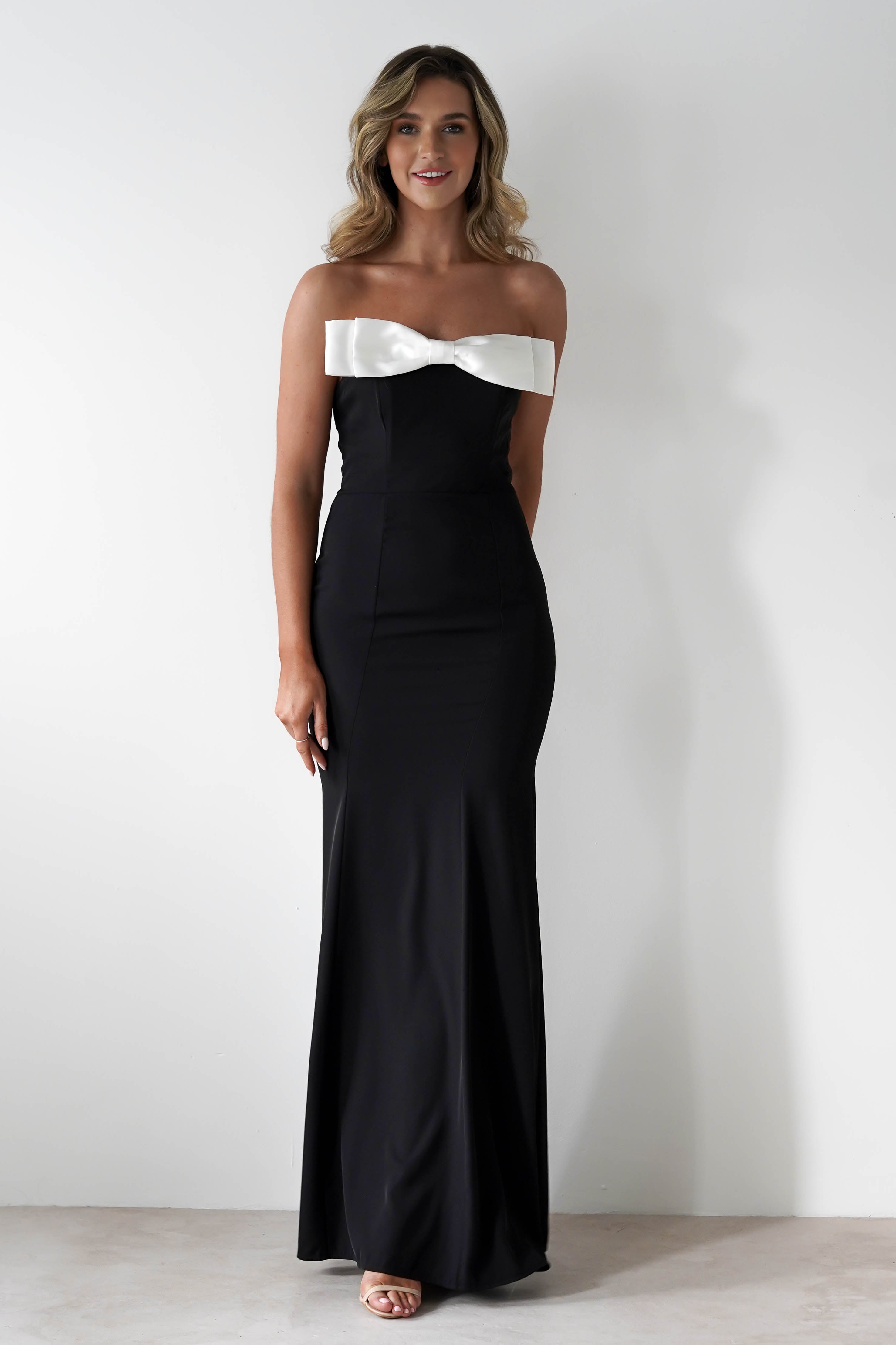 Beckett Strapless Bow Maxi Dress | Black/White | Oh Hello Clothing | S (8)