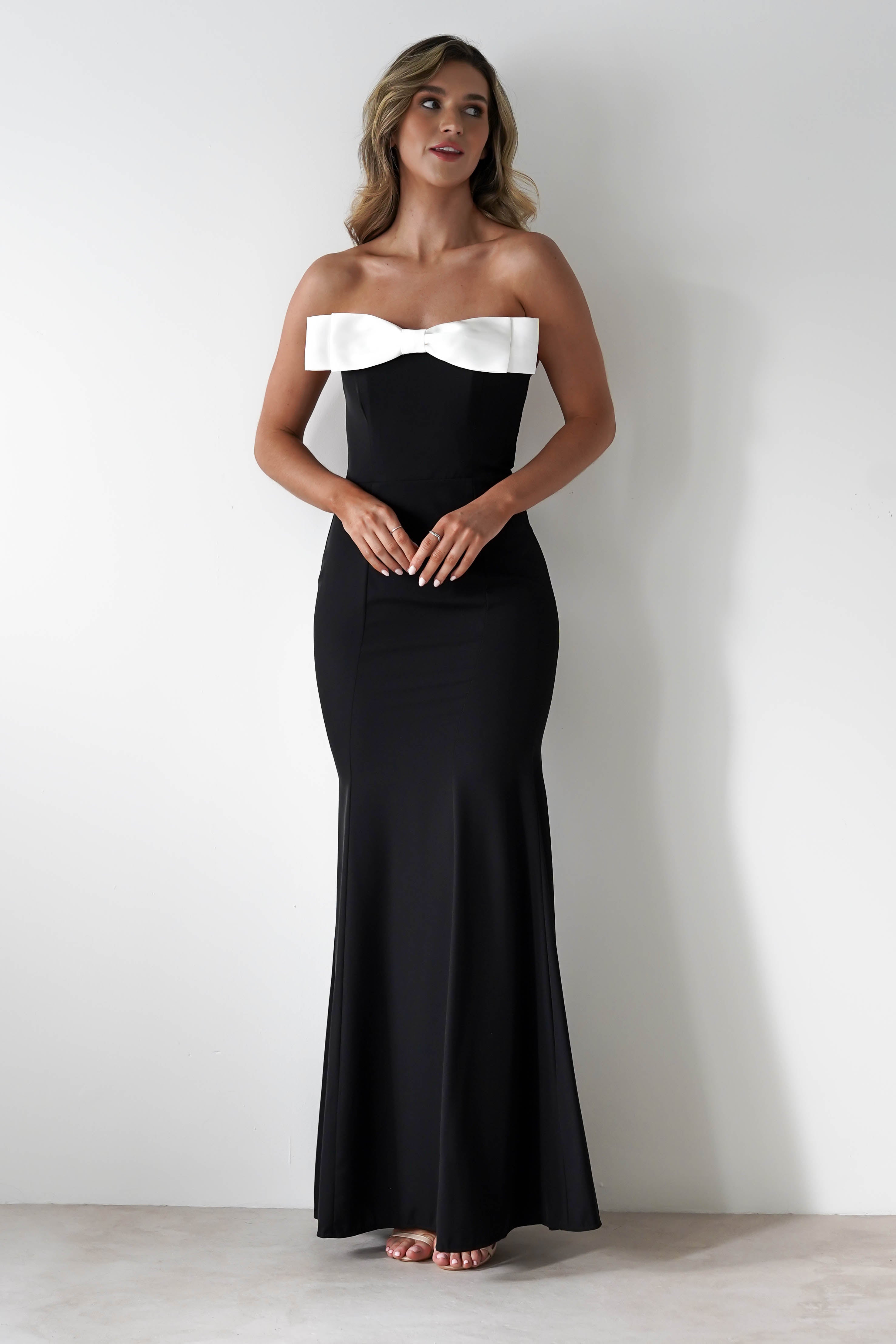 Beckett Strapless Bow Maxi Dress | Black/White - Oh Hello Clothing