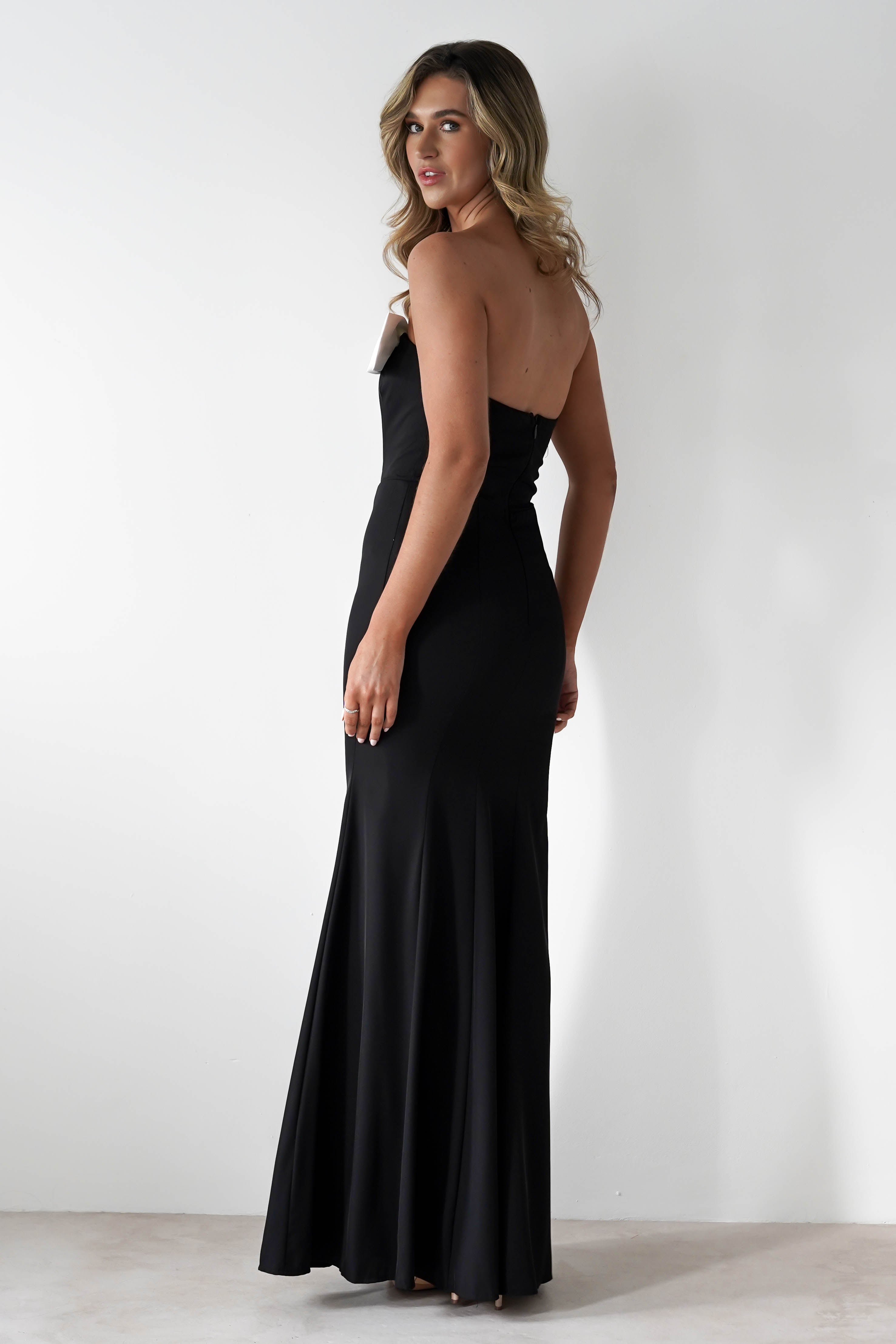 Beckett Strapless Bow Maxi Dress | Black/White | Oh Hello Clothing | S (8)