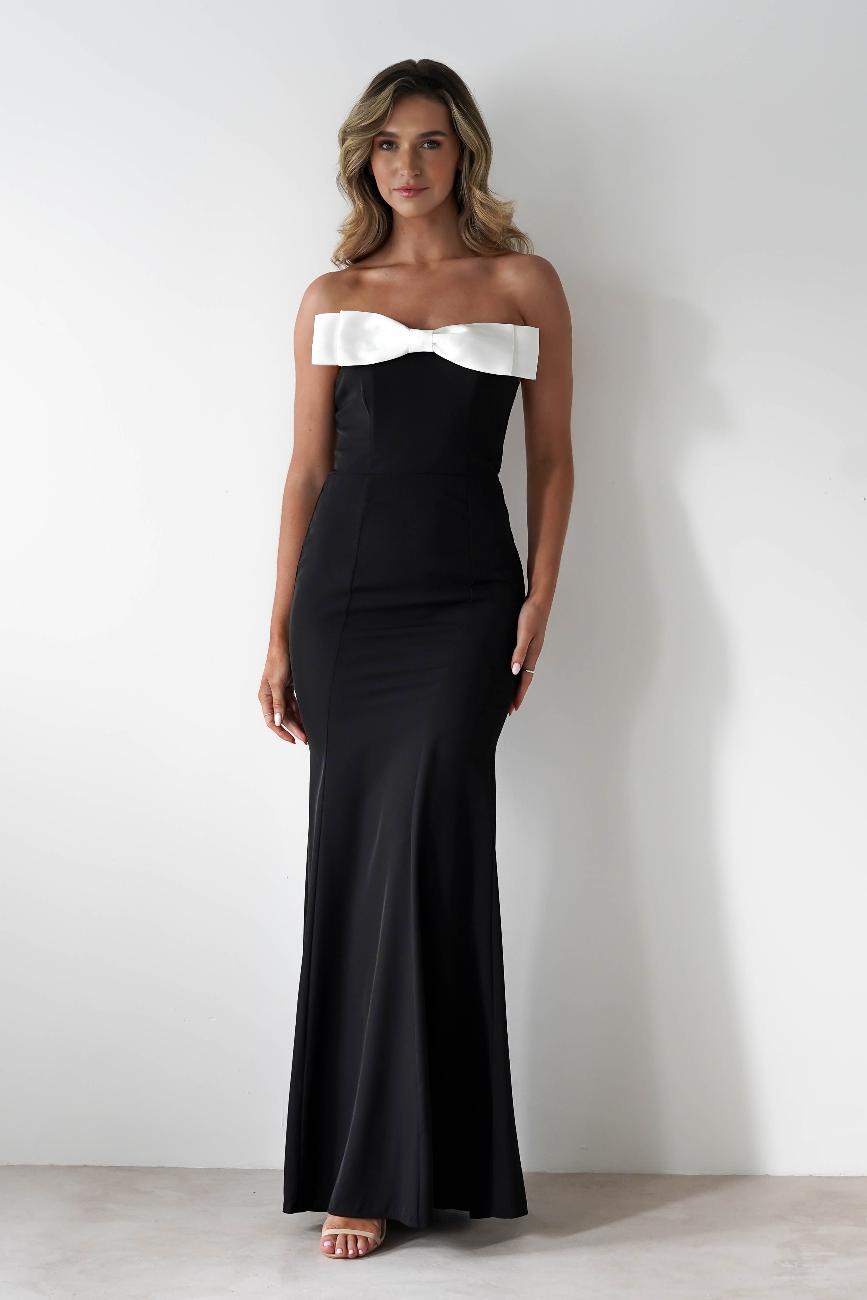 Beckett Strapless Bow Maxi Dress | Black/White | Oh Hello Clothing | S (8)