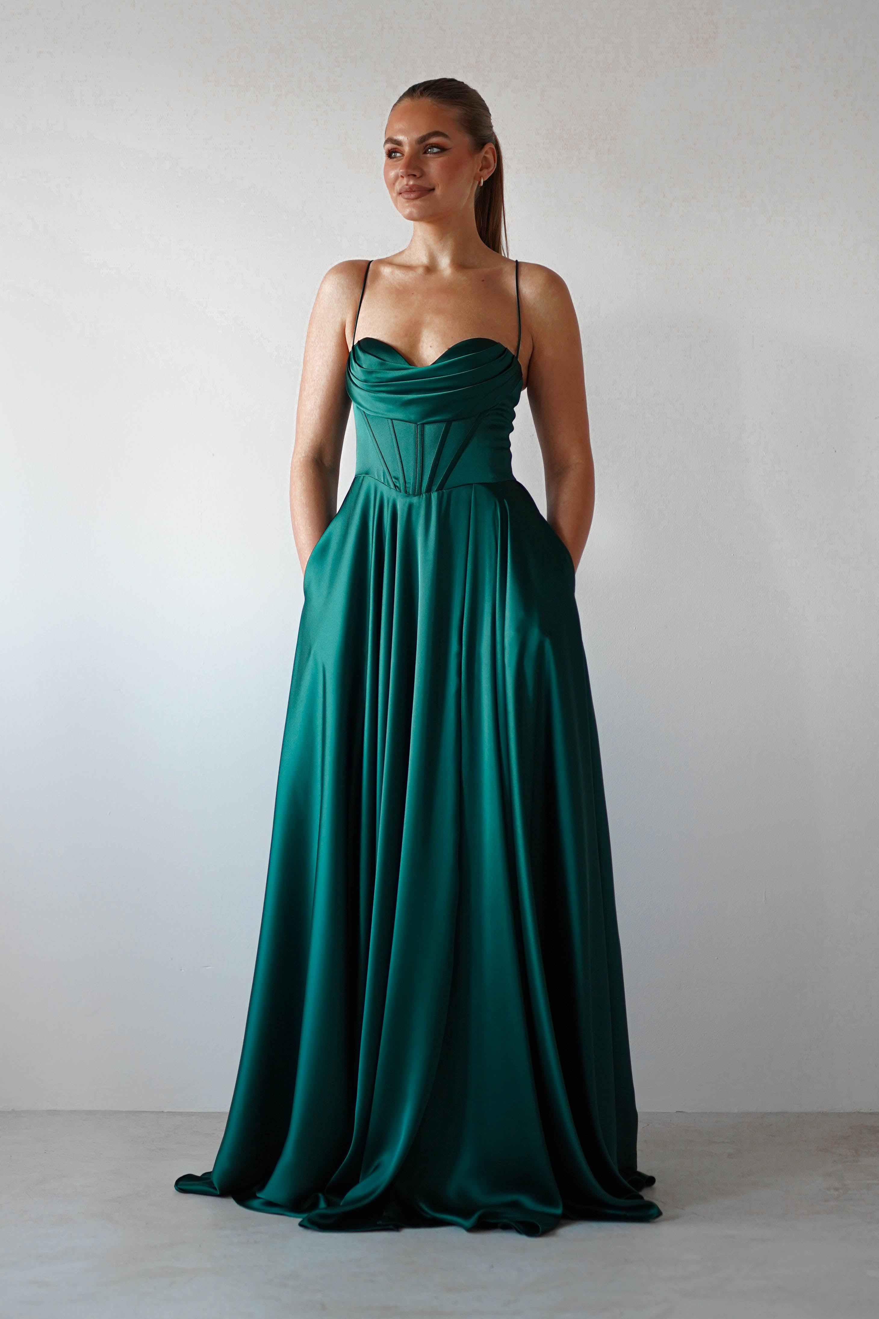Bella Luxe Aline Satin Gown | Emerald - Oh Hello Clothing