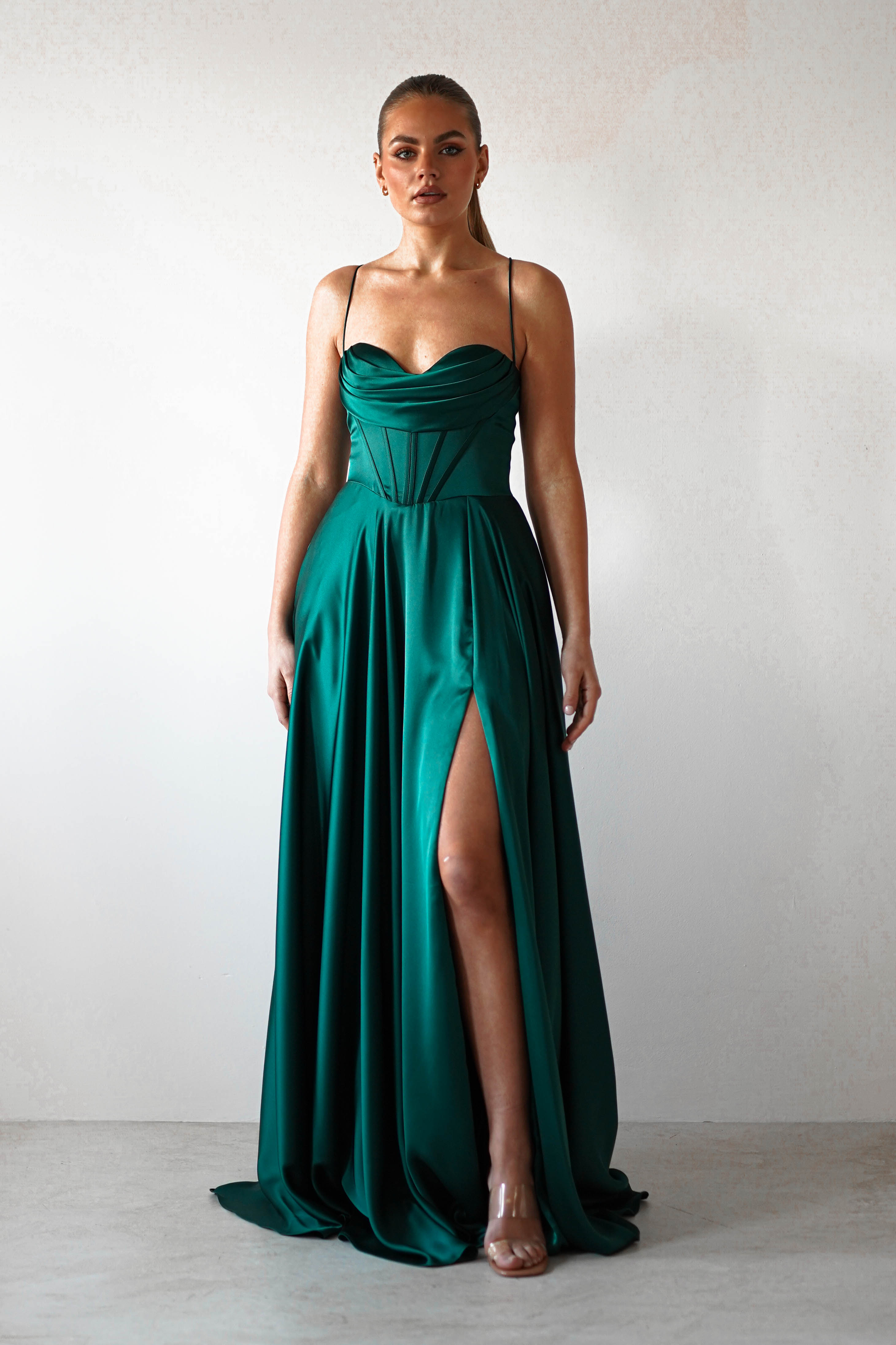 Bella Luxe Aline Satin Gown | Emerald - Oh Hello Clothing