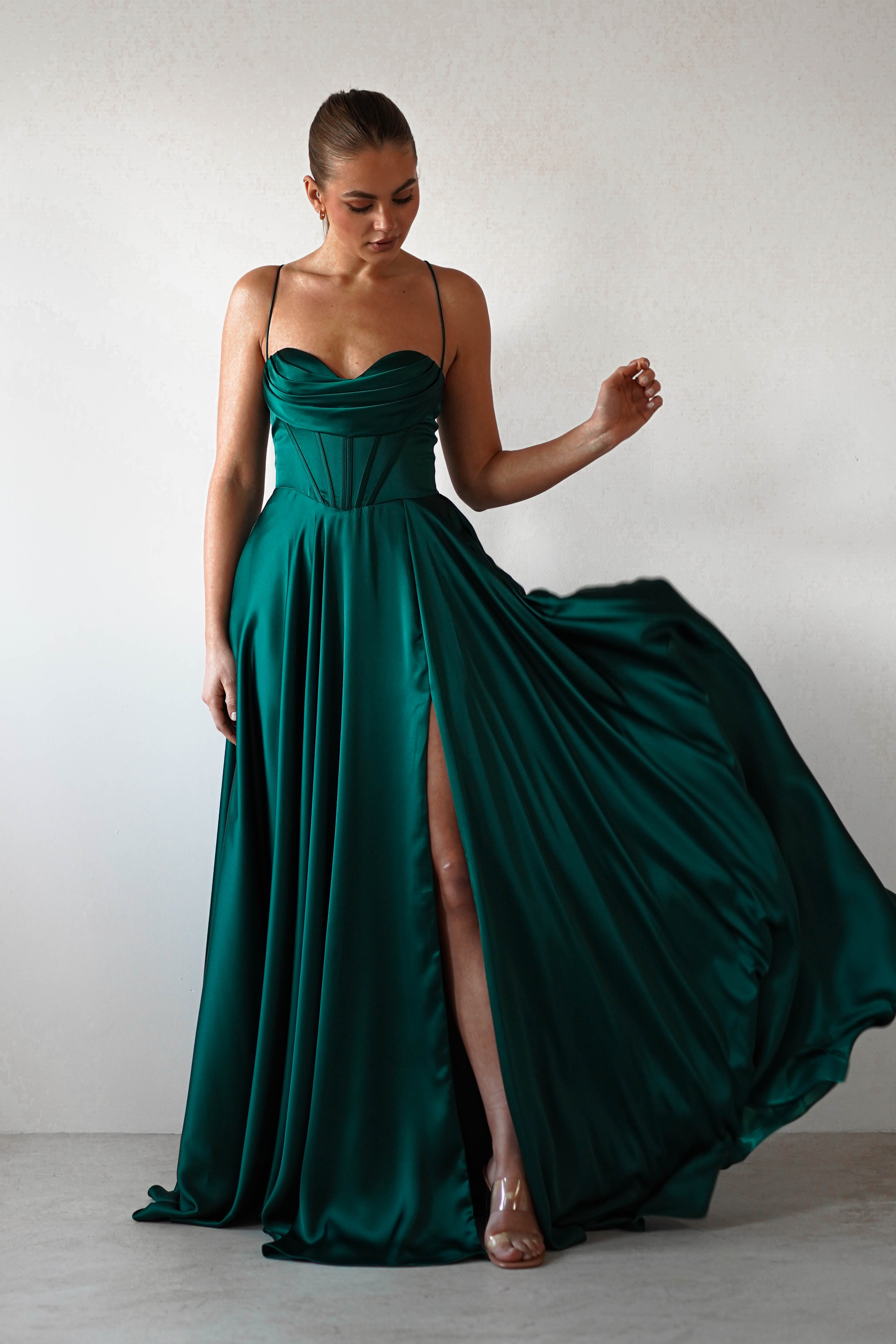 Bella Luxe Aline Satin Gown | Emerald - Oh Hello Clothing