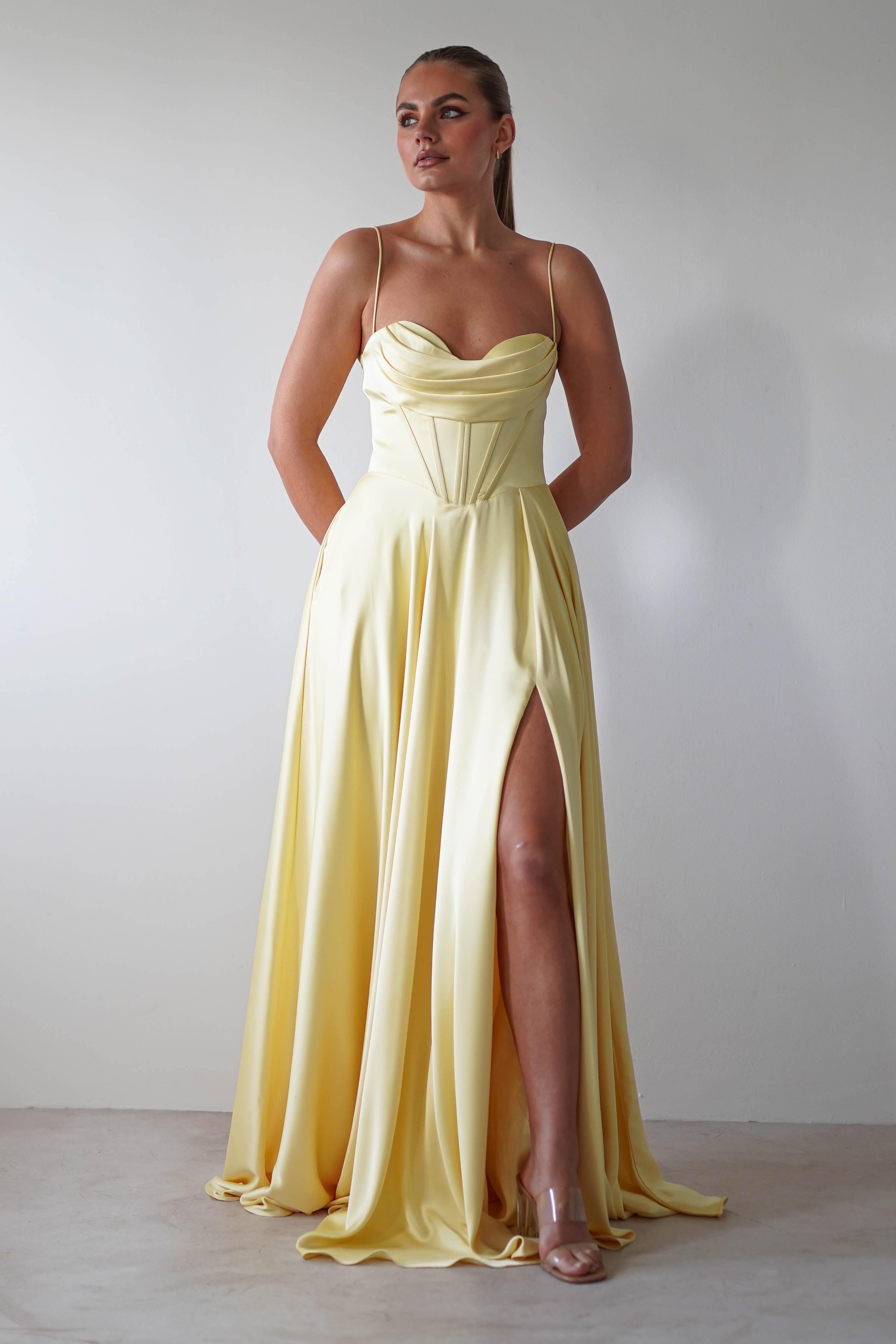 Bella Luxe Aline Satin Gown | Yellow - Oh Hello Clothing
