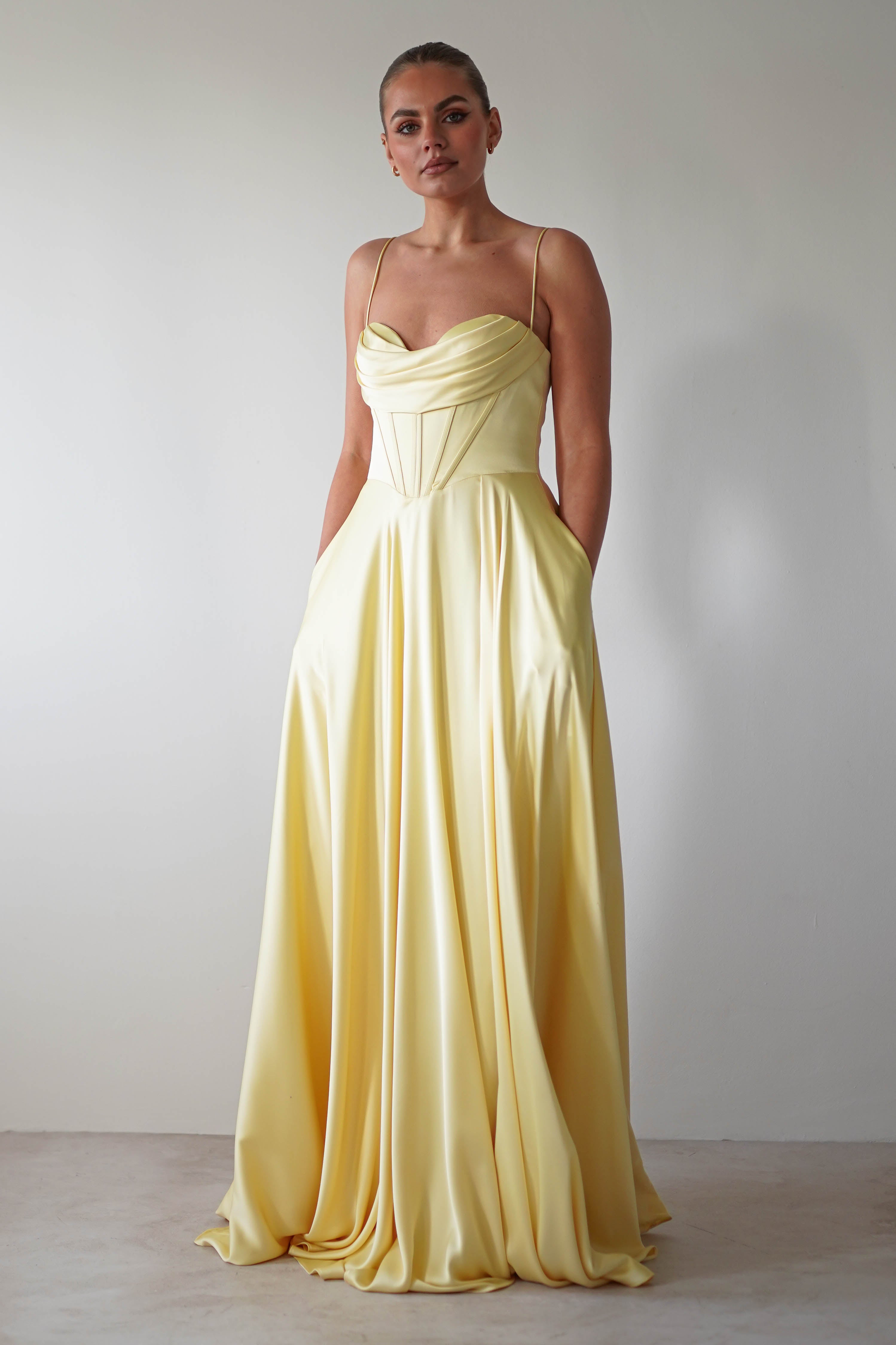Bella Luxe Aline Satin Gown | Yellow - Oh Hello Clothing