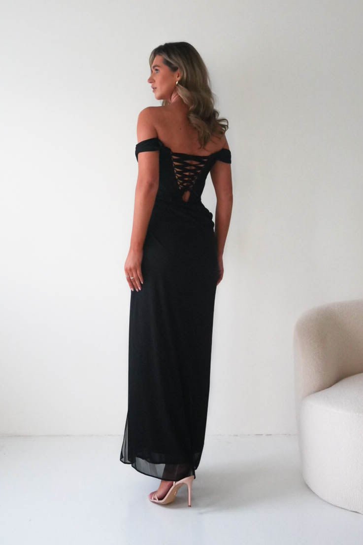 Oh Hello Clothing Dresses 1*Done-Berkley Draped Mesh Corset Maxi Gown | black