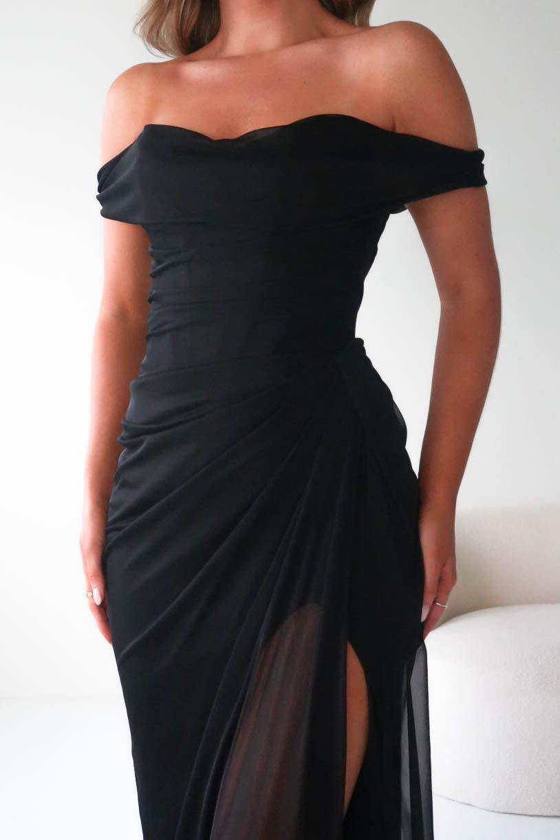 Oh Hello Clothing Dresses 1*Done-Berkley Draped Mesh Corset Maxi Gown | black