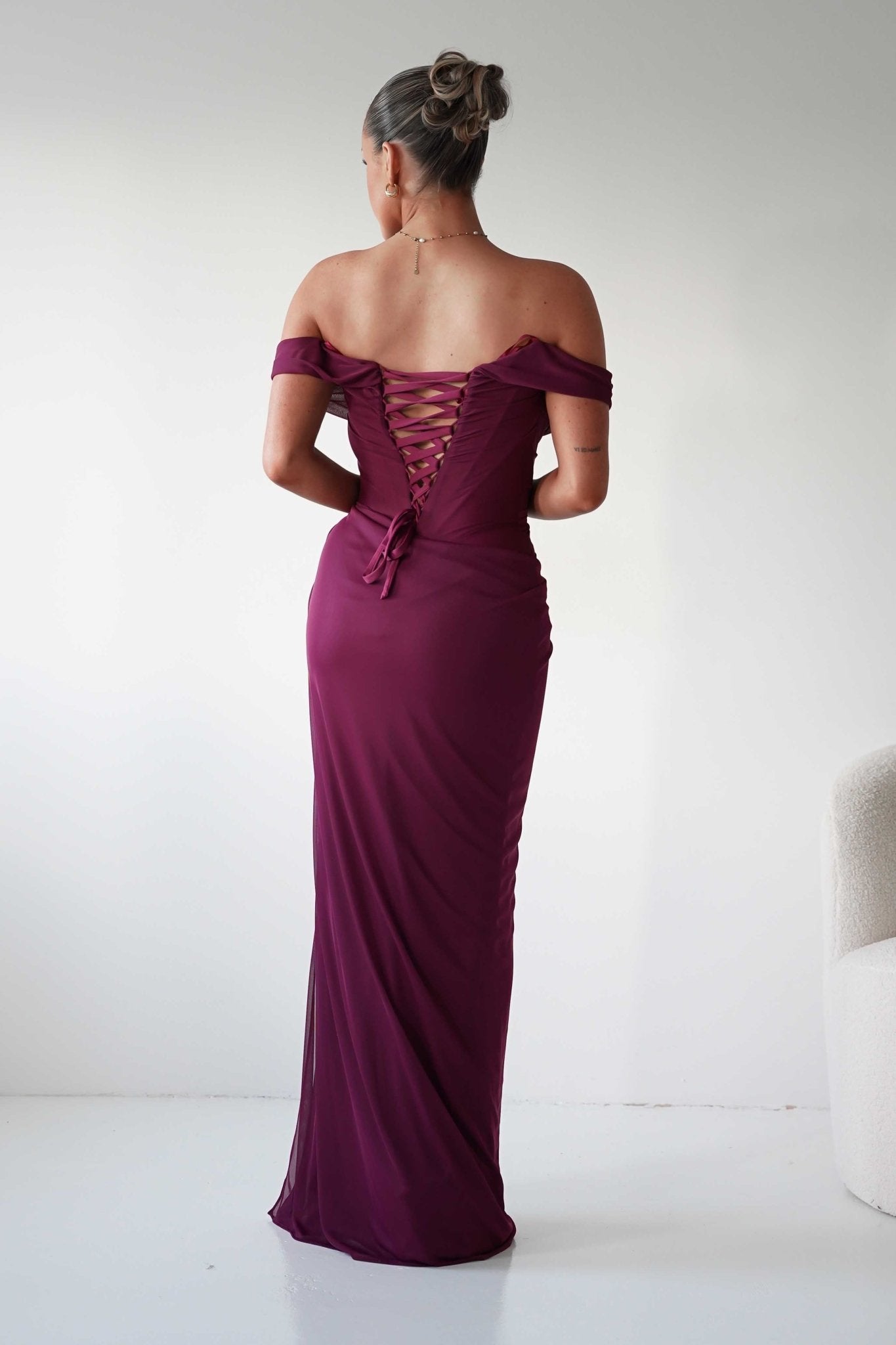 Oh Hello Clothing Dresses 1*DONE -CINDERALLA-MULBERRY Draped Mesh Off-Shoulder dress