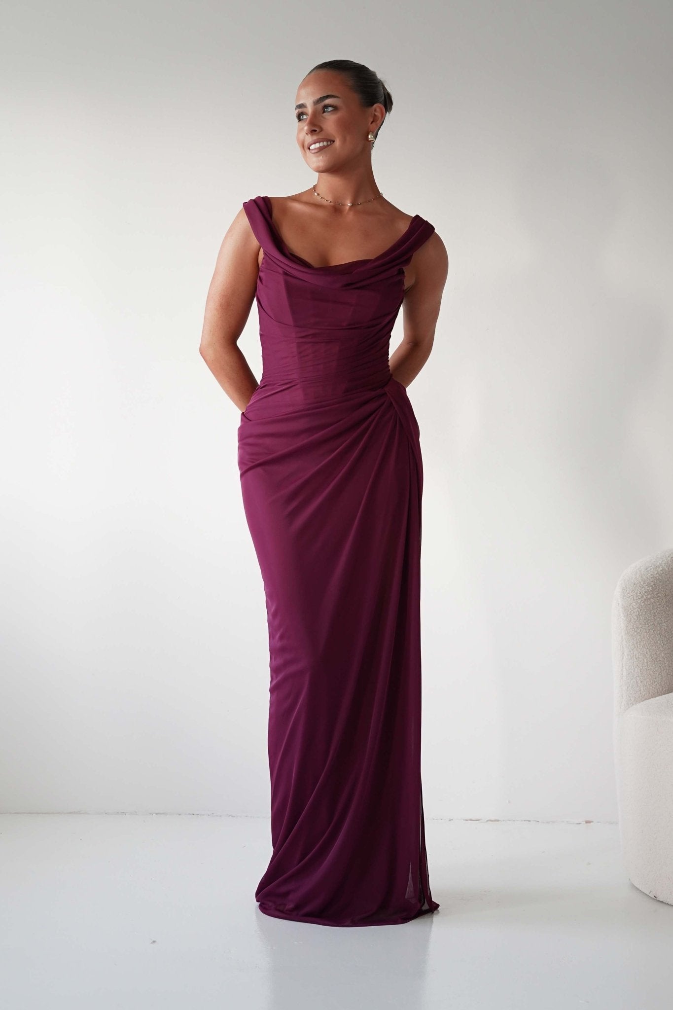 Oh Hello Clothing Dresses 1*DONE -CINDERALLA-MULBERRY Draped Mesh Off-Shoulder dress