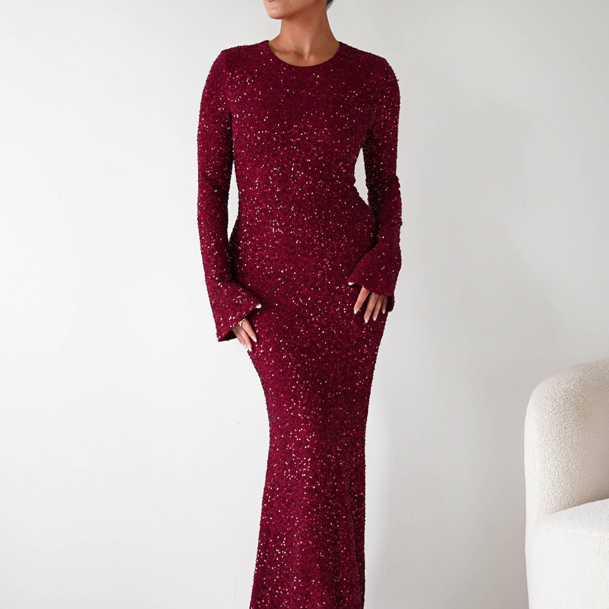 burgundy sequin dress long sleeve Bertina Long Sleeve Sequin Maxi Gown