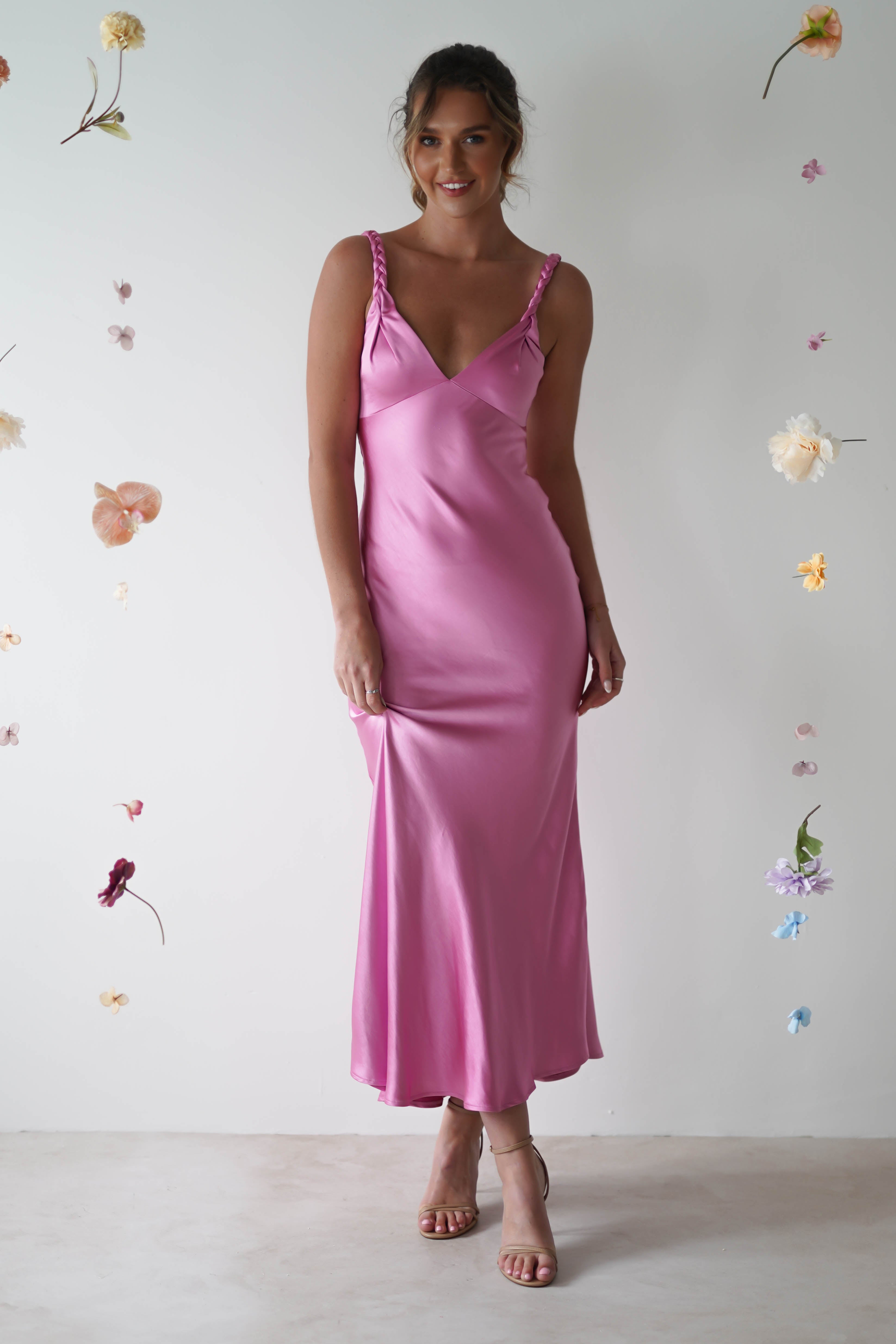 Bethanie Soft Satin Maxi Dress | Bright Pink - Oh Hello Clothing