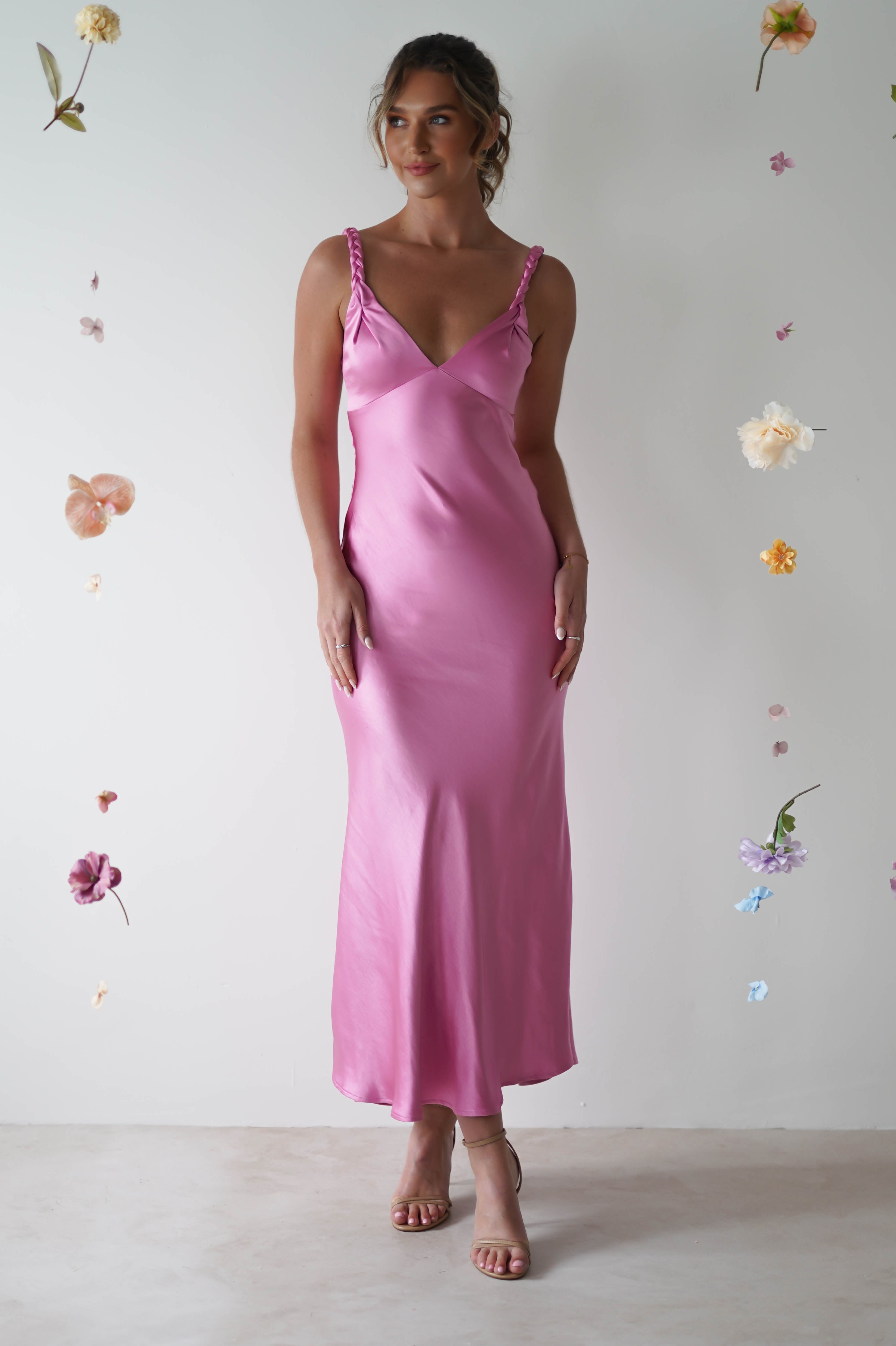 Bethanie Soft Satin Maxi Dress | Bright Pink - Oh Hello Clothing