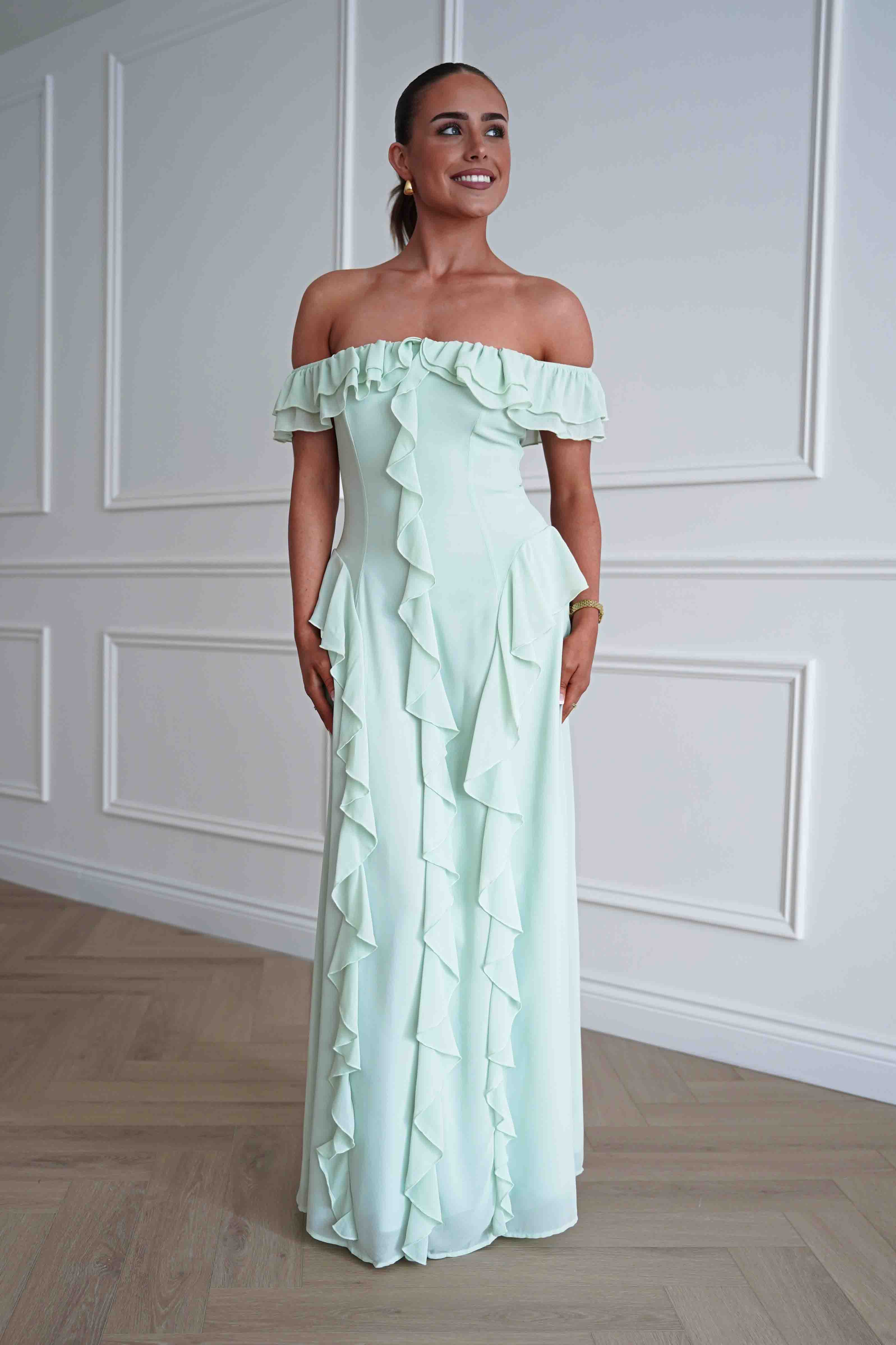 Oh Hello Clothing Dresses > Prom Dresses Billy Ruffle Detail Bardot Maxi Dress | Sage Green