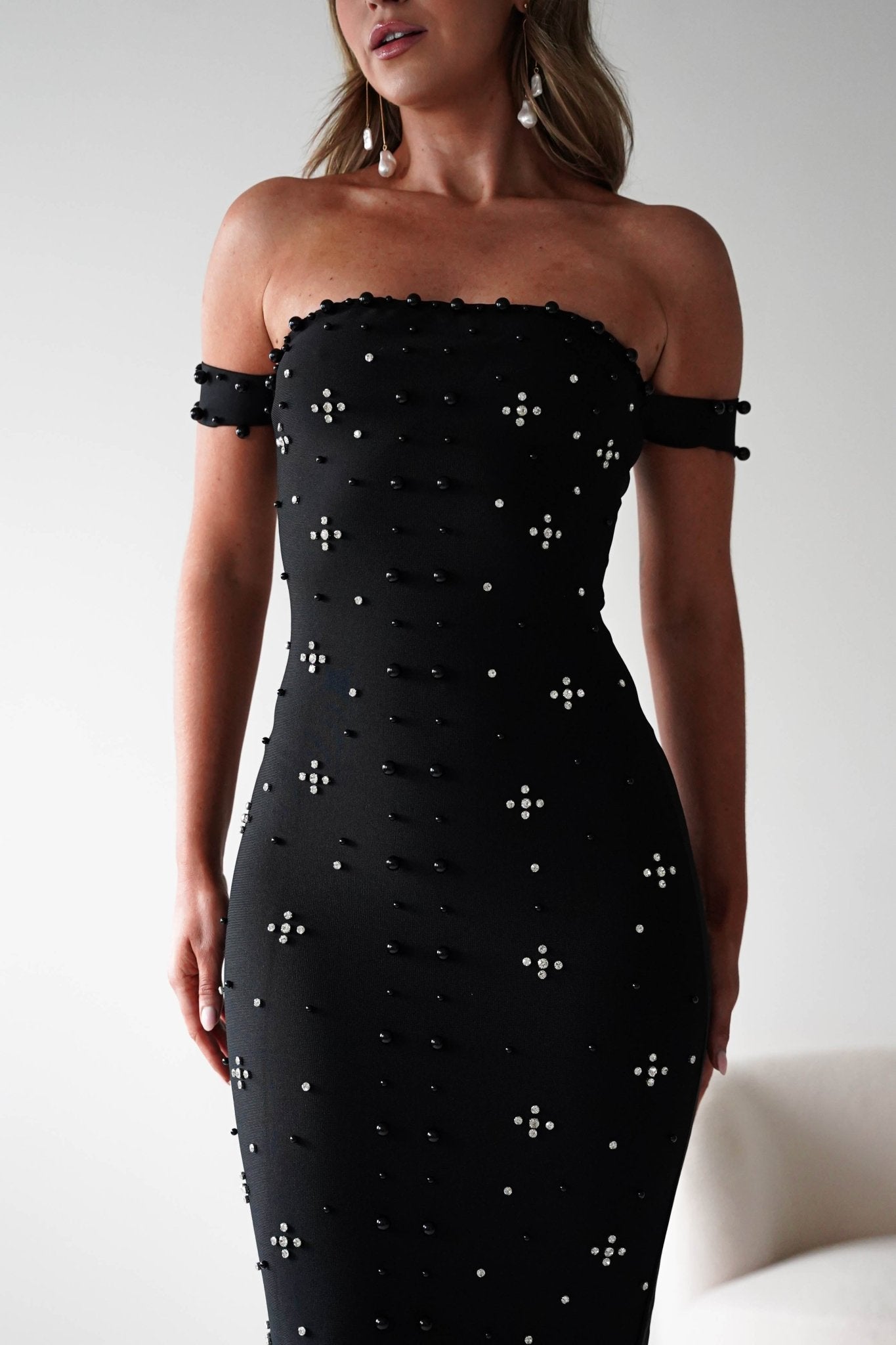 Blayke Bandage Maxi Dress | Black Tie | Embellished Pearls | Oh Hello Clothing