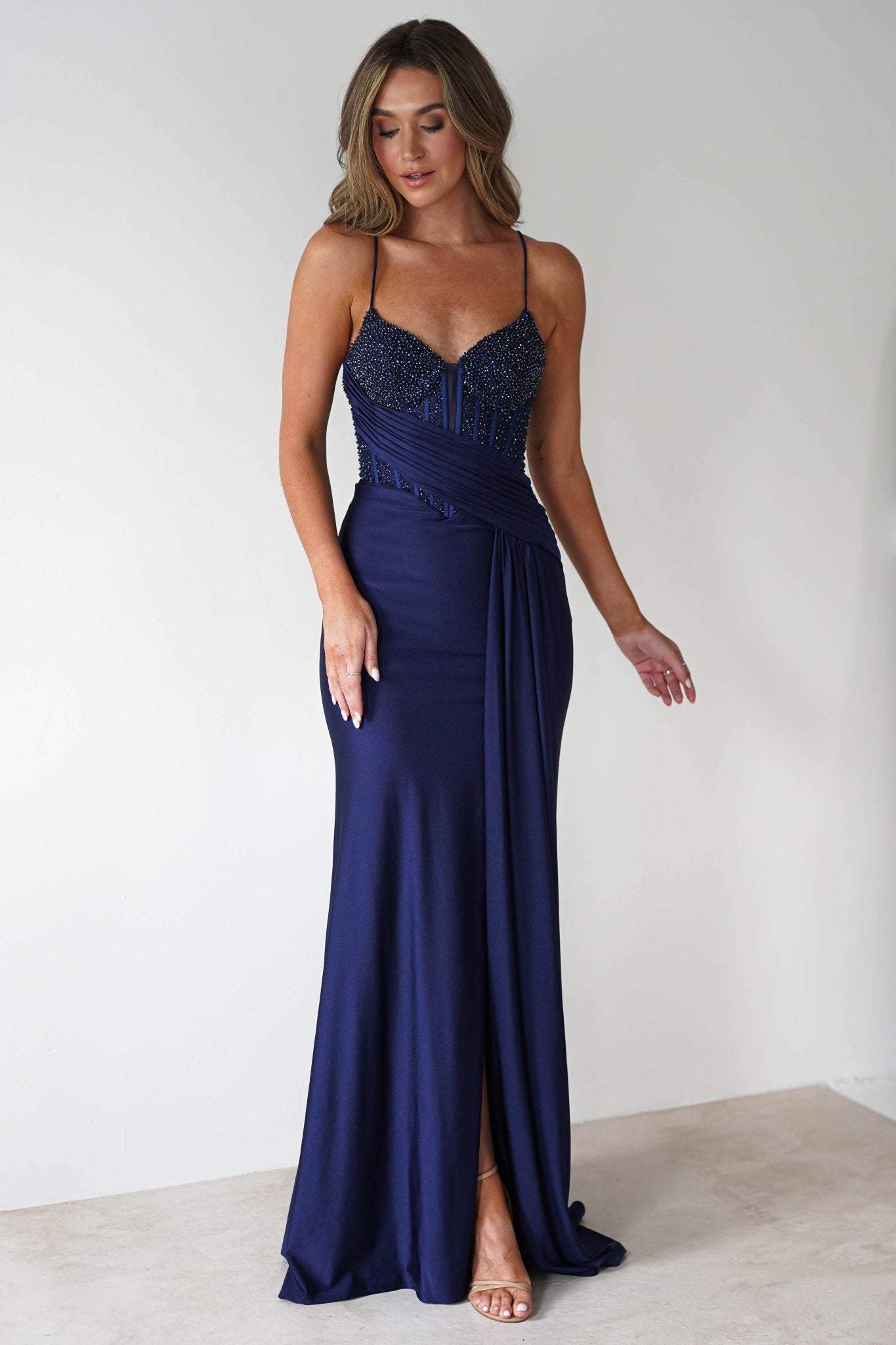 Breanna Draped Embellished Gown | Navy | Oh Hello Clothing | S (8)