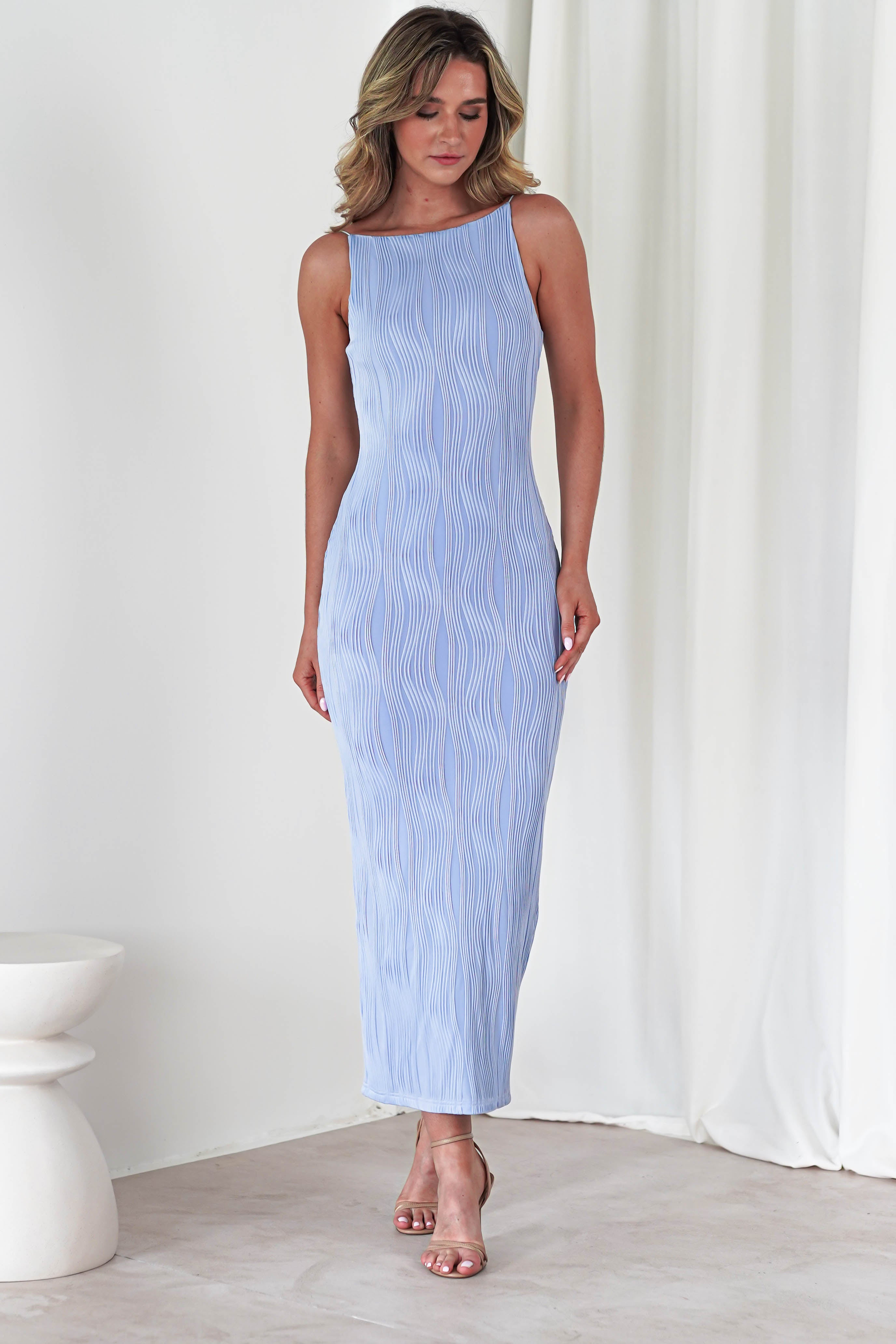 Brighton Textured Bodycon Midaxi Dress | Blue | Oh Hello Clothing | XS (6)