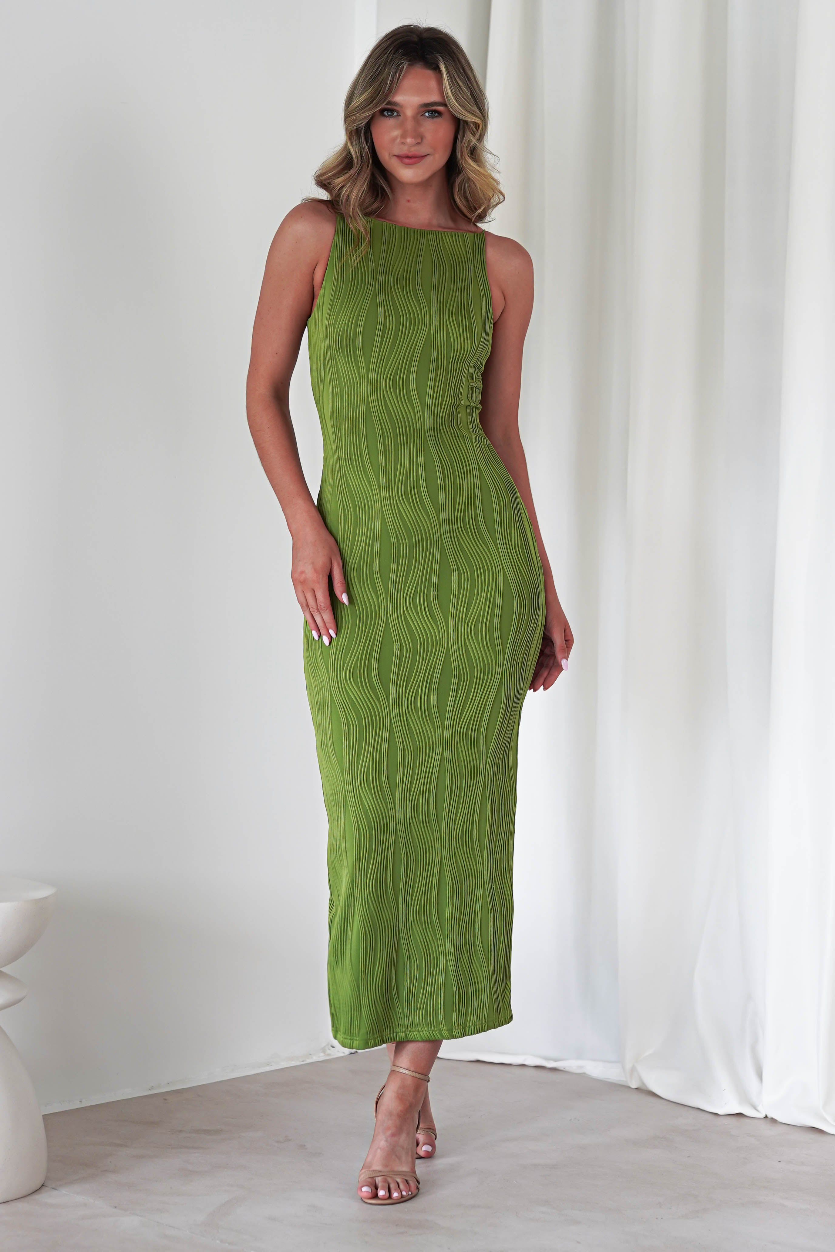 Brighton Textured Bodycon Midaxi Dress | Green | Oh Hello Clothing | XS (6)