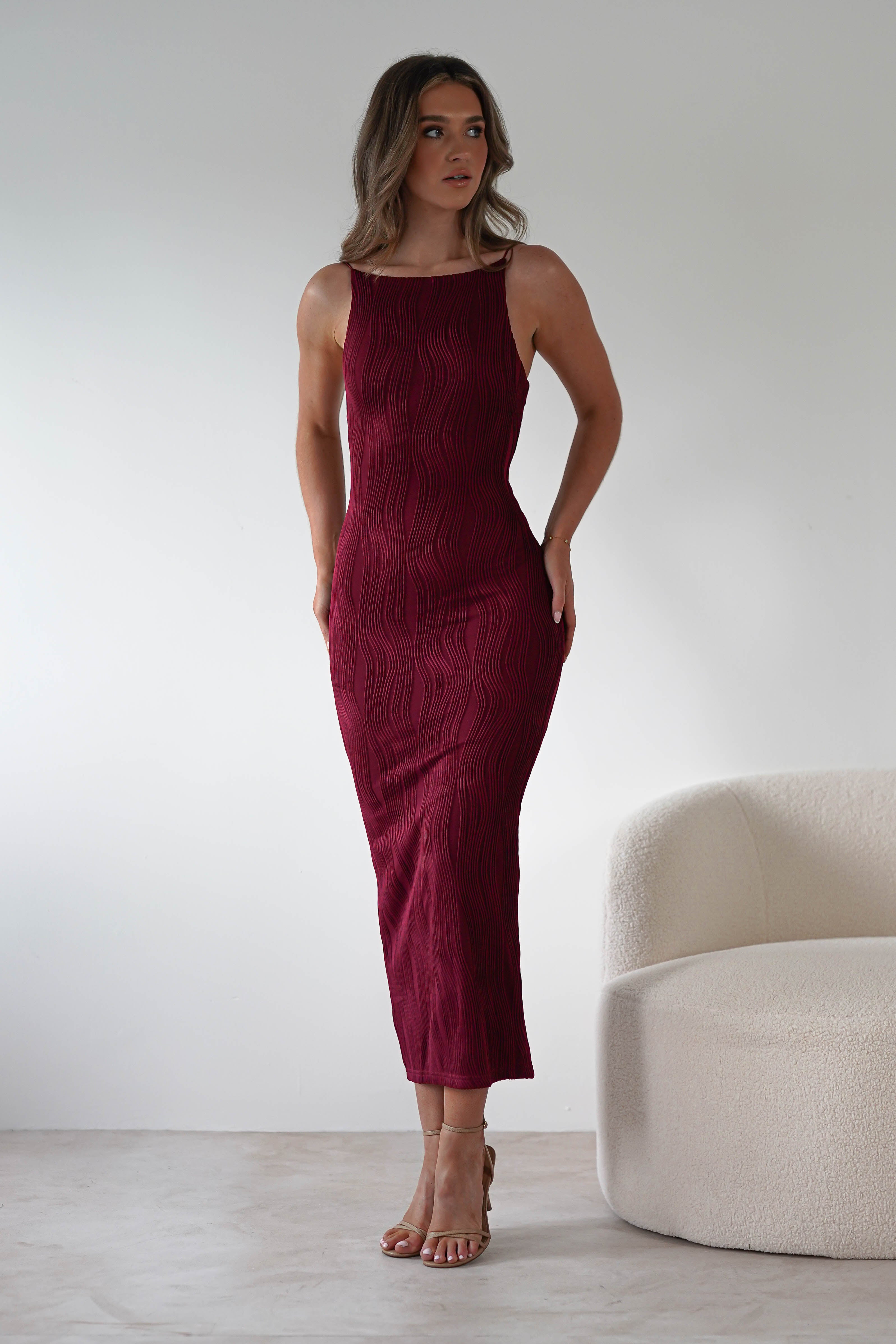 Brighton Textured Bodycon Midaxi Dress | Wine | Oh Hello Clothing | XS (6)