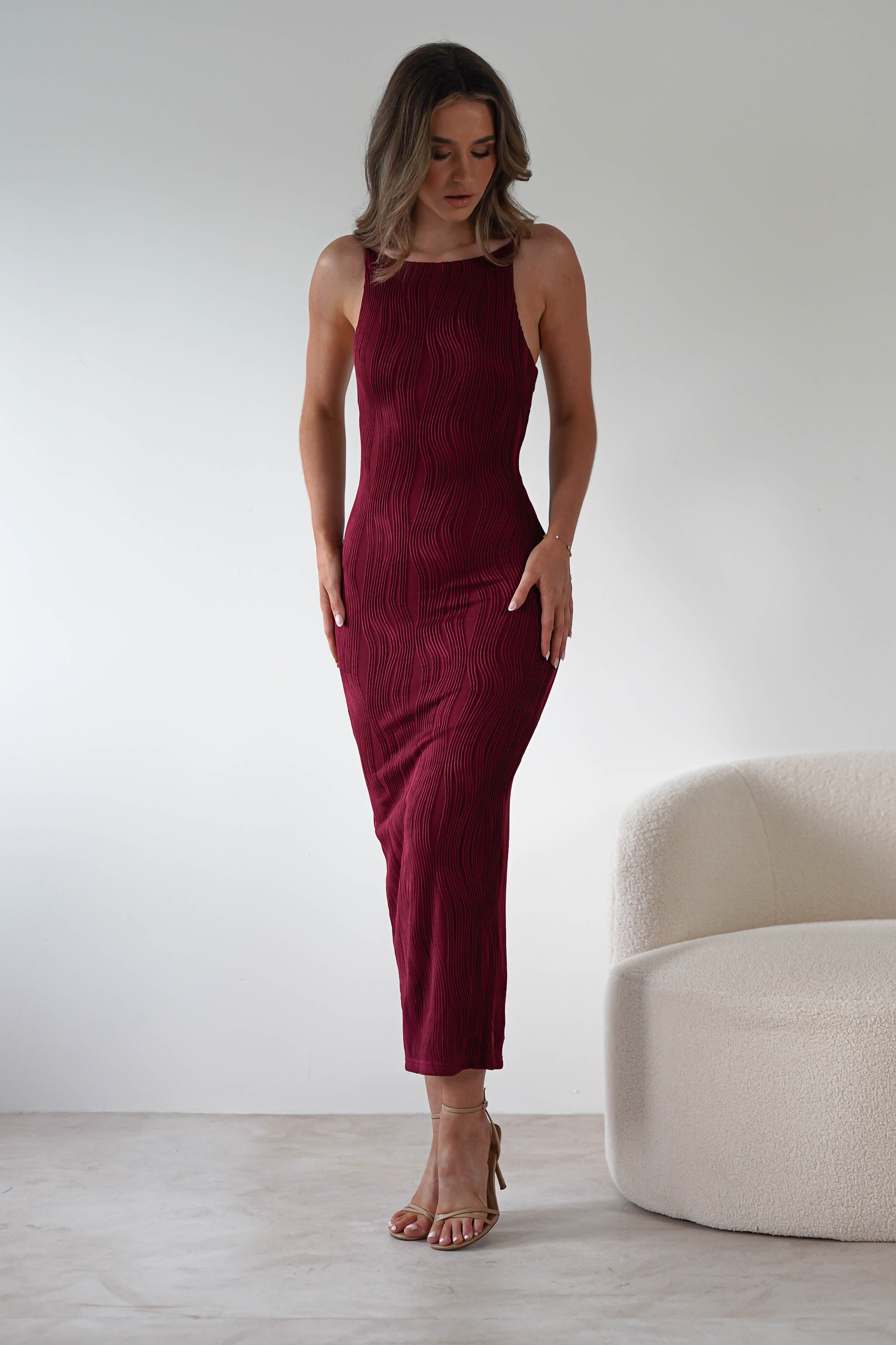 Brighton Textured Bodycon Midaxi Dress | Wine | Oh Hello Clothing | XS (6)