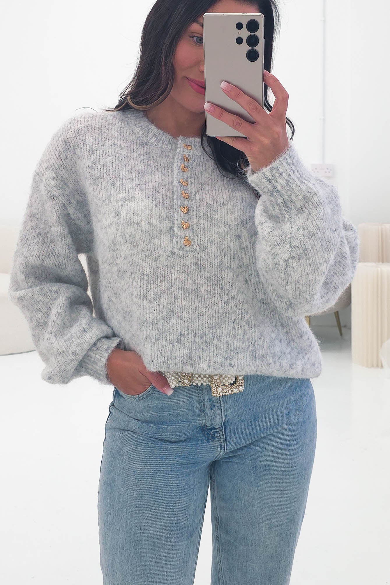 Oh Hello Clothing Women > Clothing > Knitwear ONE SIZE (6/12) Calix Button Detail Knit Jumper | Grey