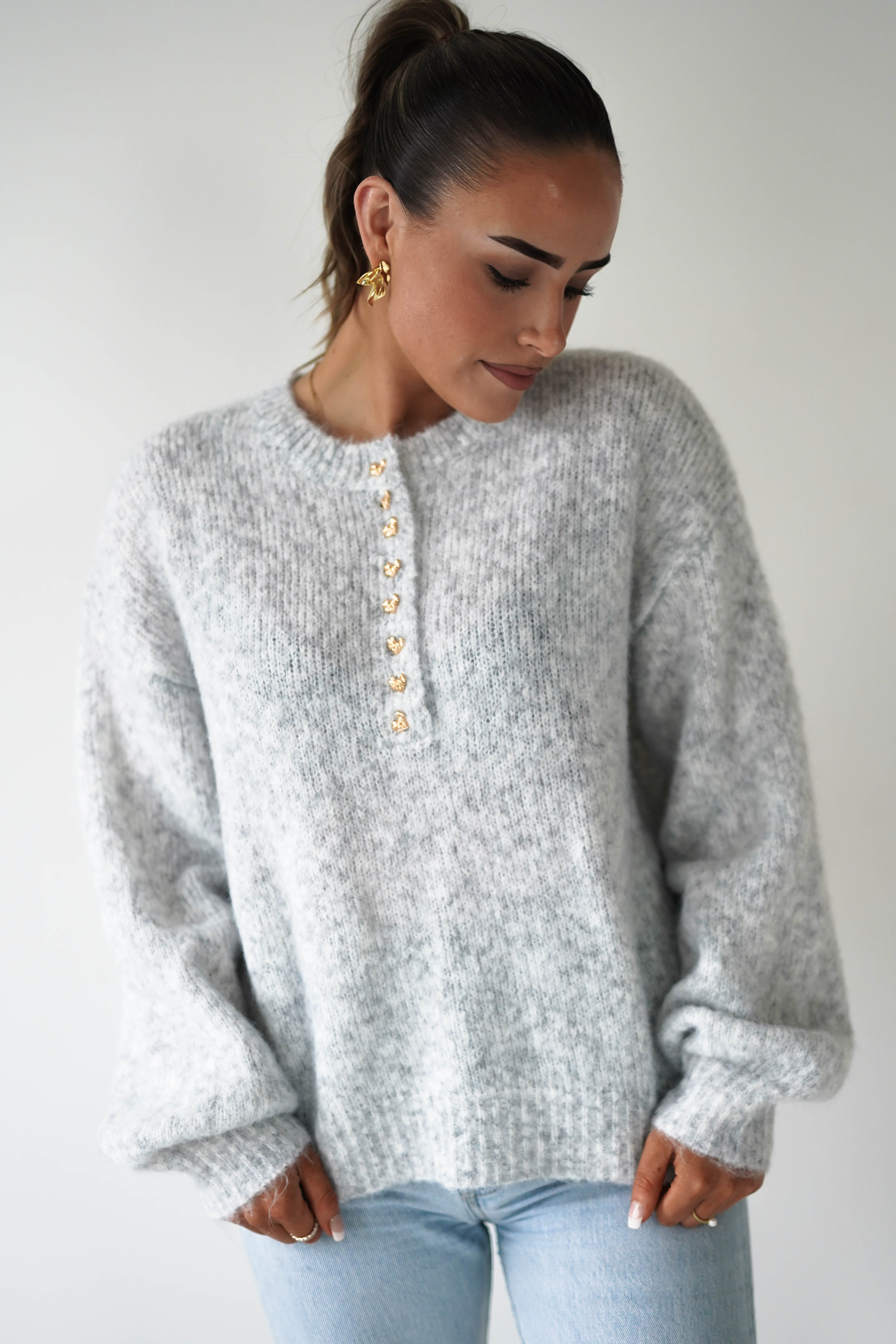 Oh Hello Clothing Women > Clothing > Knitwear ONE SIZE (6/12) Calix Button Detail Knit Jumper | Grey