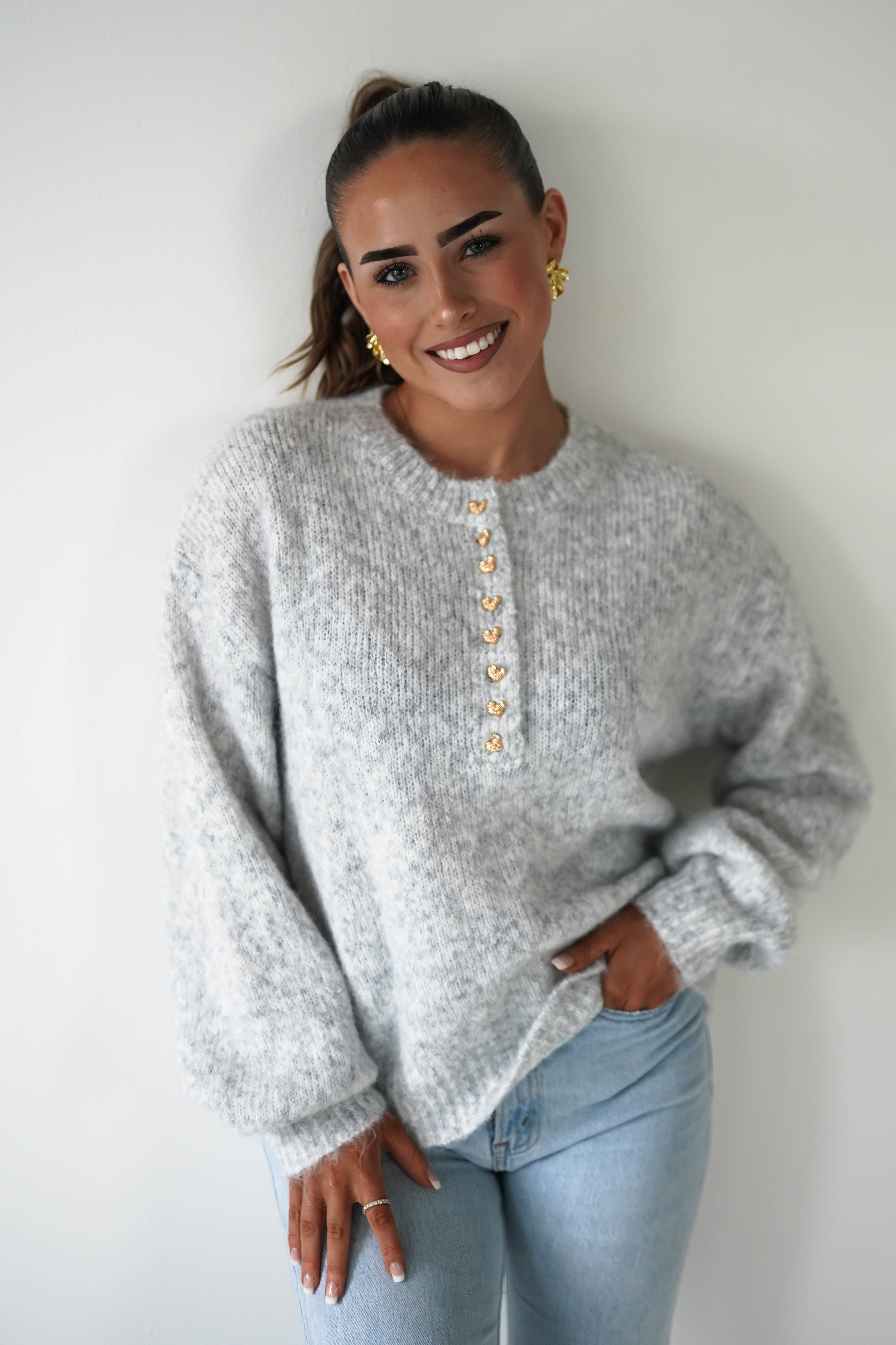 Oh Hello Clothing Women > Clothing > Knitwear ONE SIZE (6/12) Calix Button Detail Knit Jumper | Grey