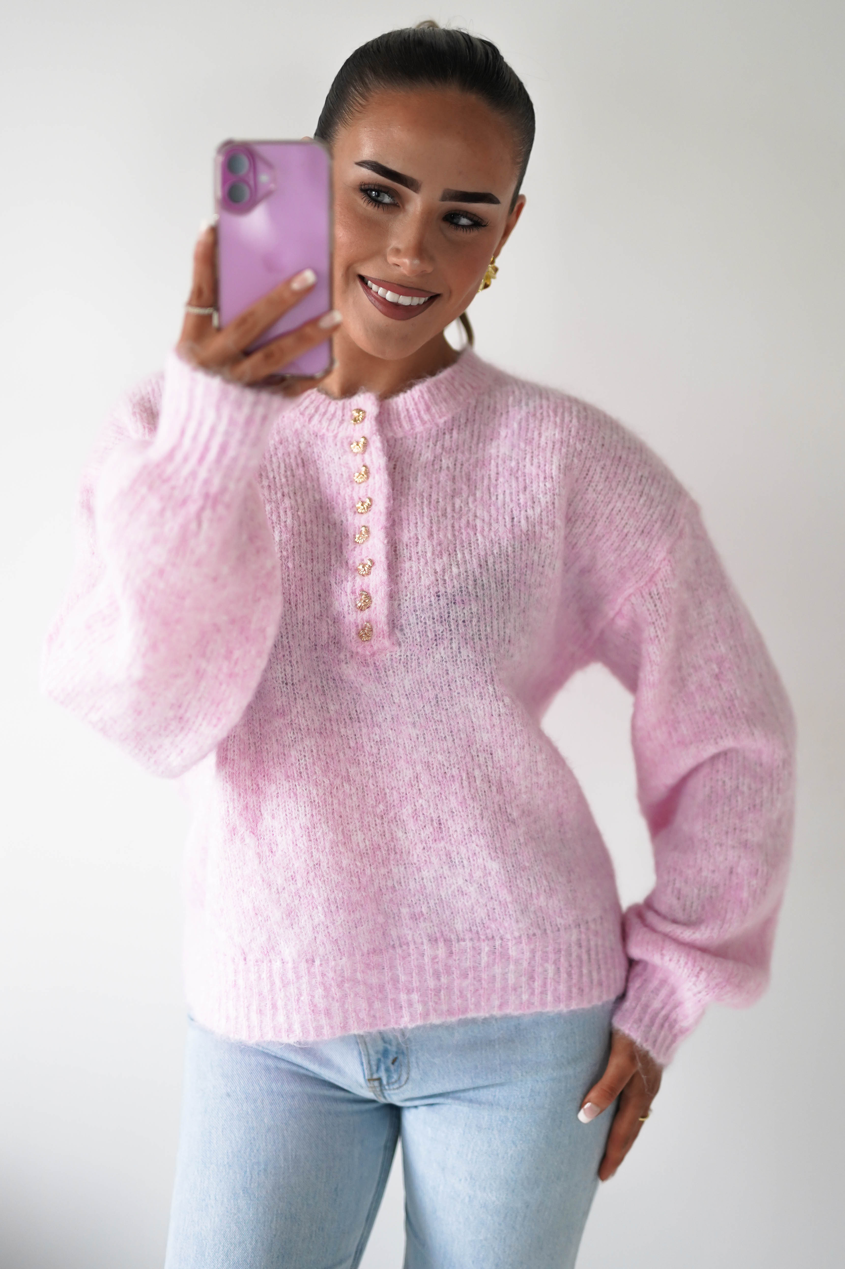 Oh Hello Clothing Women > Clothing > Knitwear ONE SIZE (6/12) Calix Button Detail Knit Jumper | Pink